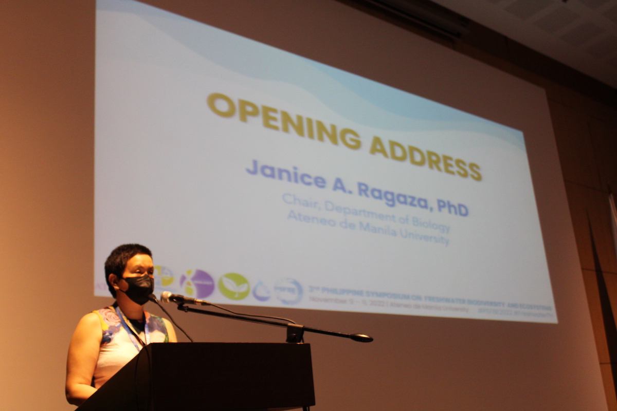 Dr Janice Ragaza, Chair of the Department of Biology, welcomes the participants of the PSFBE2022 conference. Photo by Gavin De Vera.
