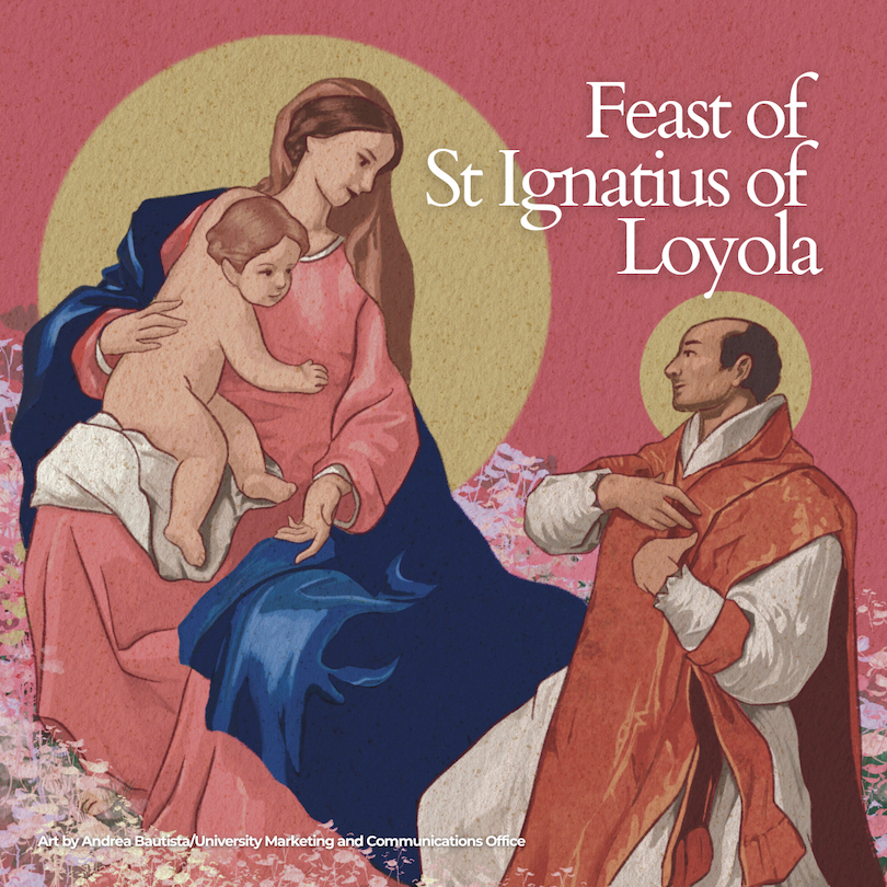 An illustration of St Ignatius looking at Mary and the Child Jesus