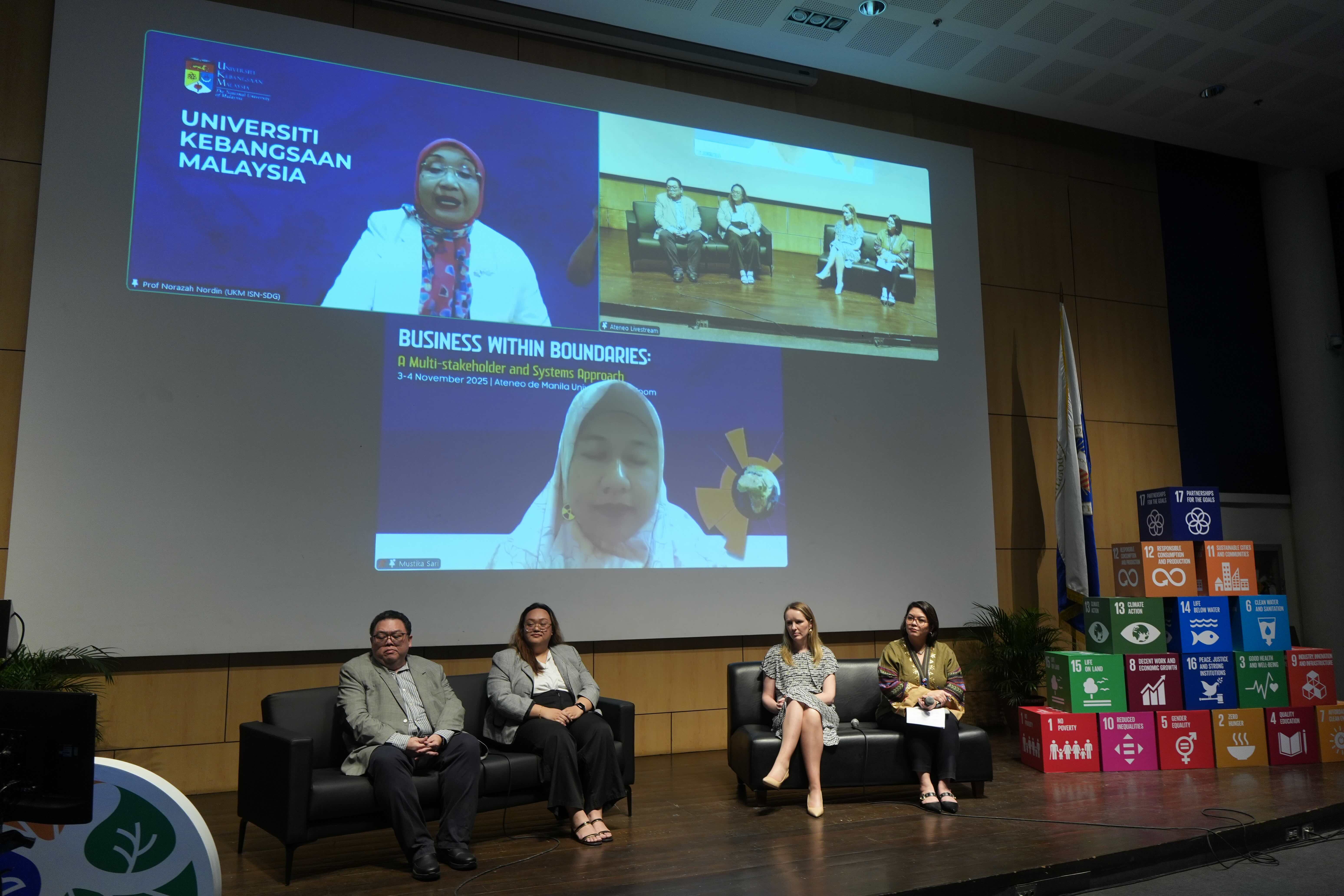 Panelists Dr. Mustika Sari, Prof. Dato’ Dr. Norazah Mohd Nordin, Mr. Brian Co, Dr. Moya Collett, and Ms. Icely Nicole Dy discuss their organization’s efforts to promote interregional cooperation towards doing business within boundaries.
