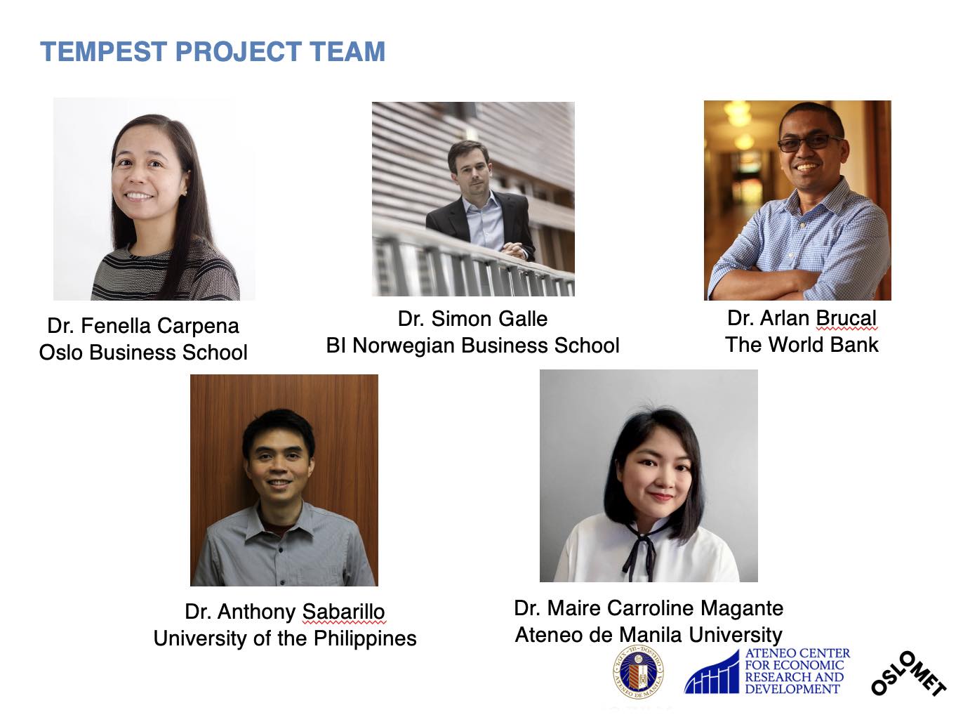 Members of the TEMPEST Project Team: Dr. Fenella Carpena from Oslo Business School; Dr. Simon Galle from BI Norwegian Business School; Dr. Arlan Brucal from The World Bank; Dr. Anthony Sabarillo from University of the Philippines; and Dr. Maire Carroline Magante from Ateneo de Manila University