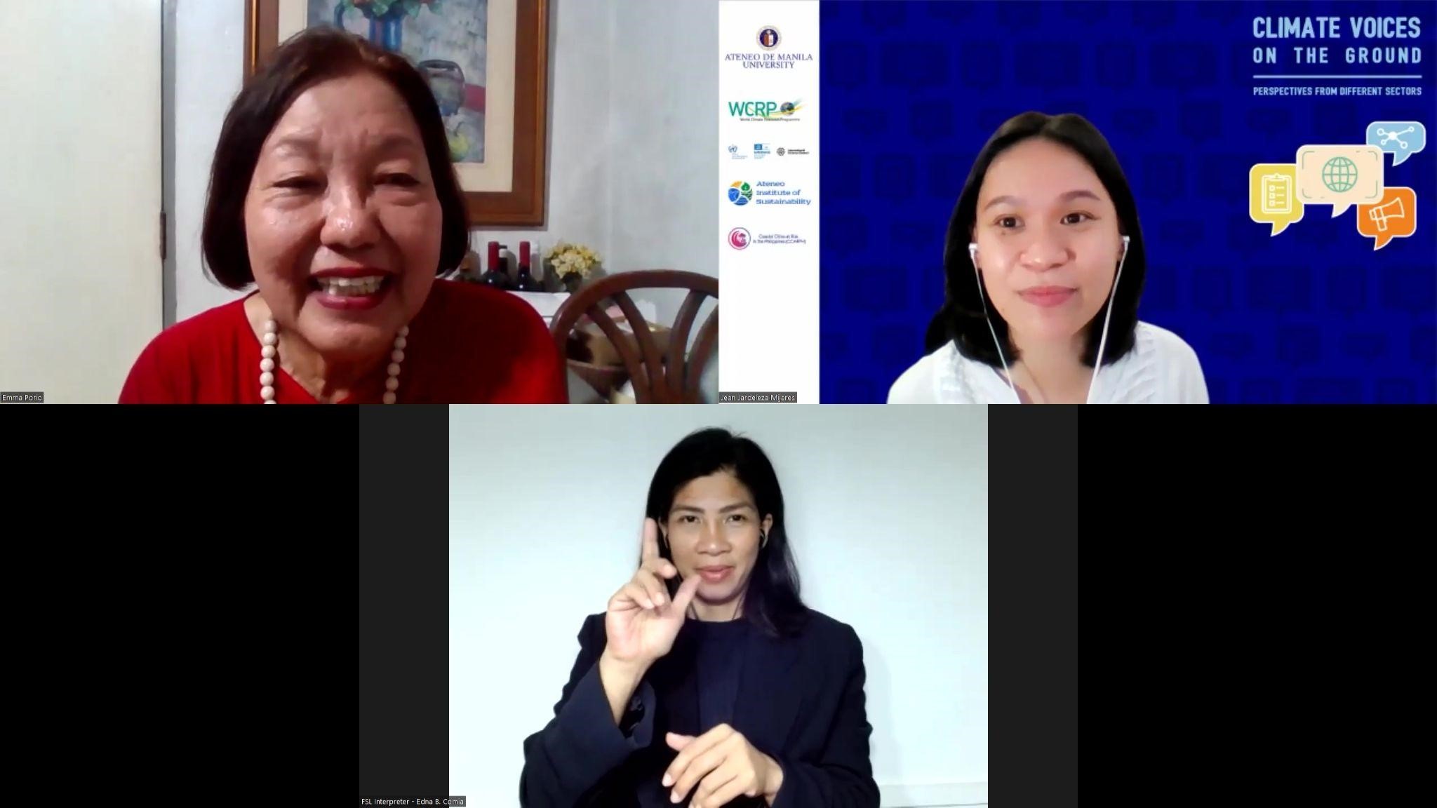 The screenshot shows Dr Porio, Ms Jardeleza Mijares, and a Filipino Sign Language interpreter.