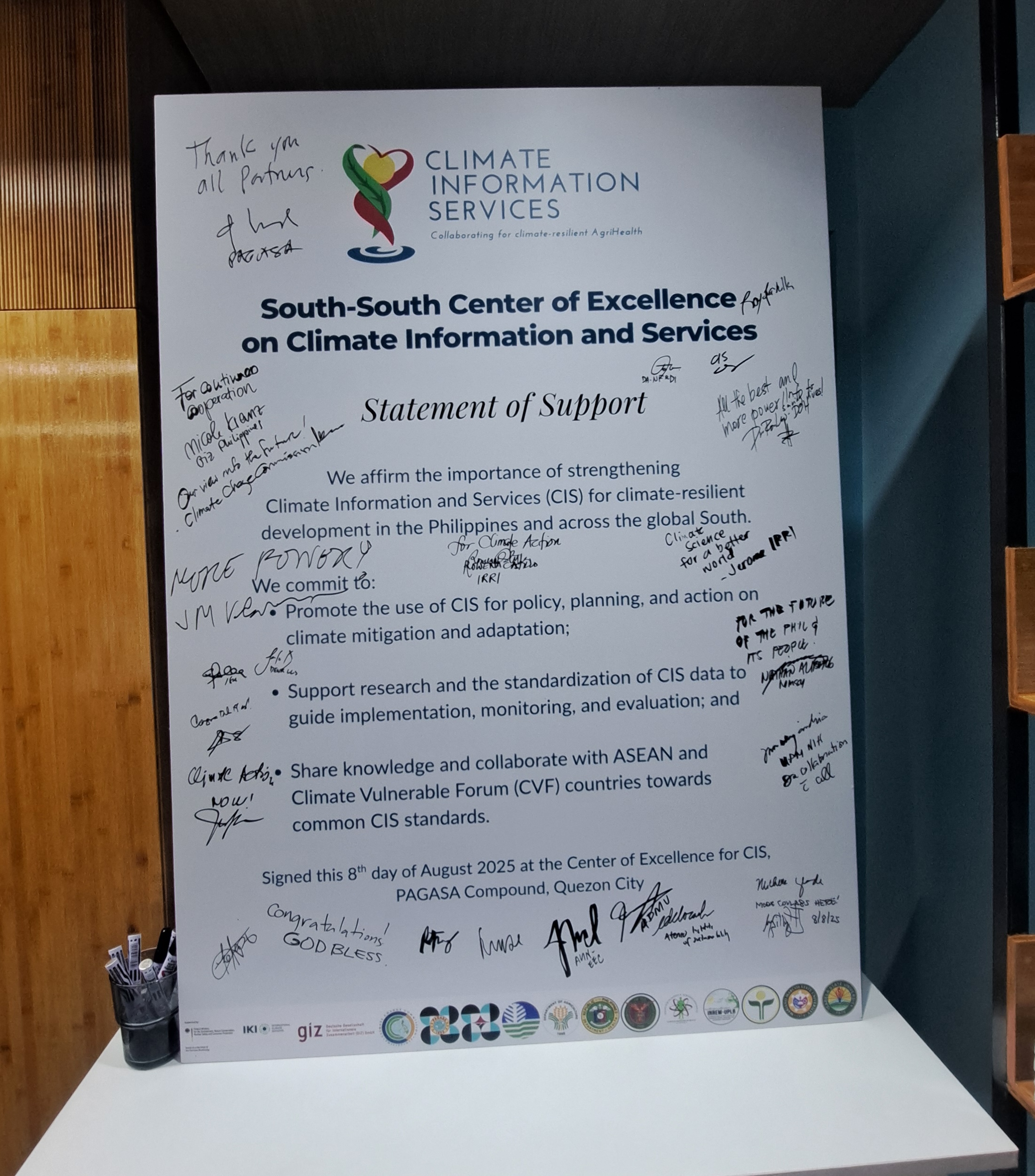 The Statement of Support on Climate Information Services was co-signed by AIS and AUN-EEC along with representatives from GIZ SSCIS, German Embassy, DOST, PAG-ASA, DENR, DA-BFAR, CCC, UP NIH, ISU, and MMSU