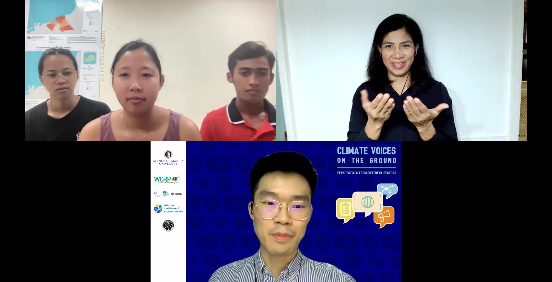 The screenshot shows Ms Entienza, Dr Jamero, Mr Boligao, Mr Daniel C Ratilla, and a Filipino Sign Language interpreter.