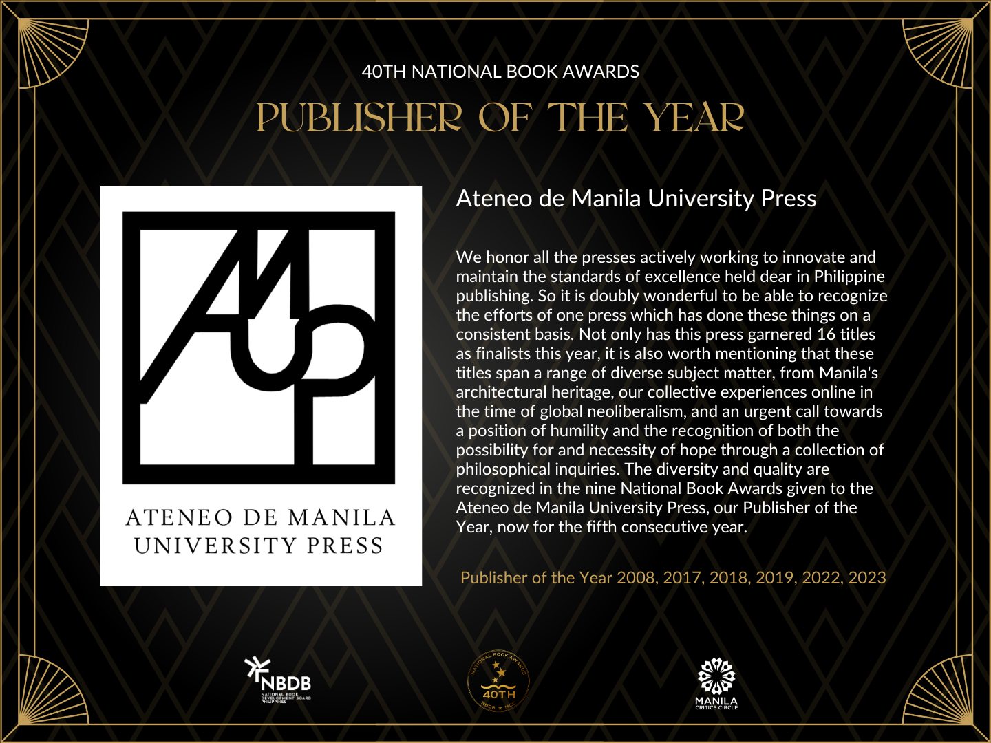 Citation from the National Book Development Board for the Ateneo University Press’ Publisher of the Year Award