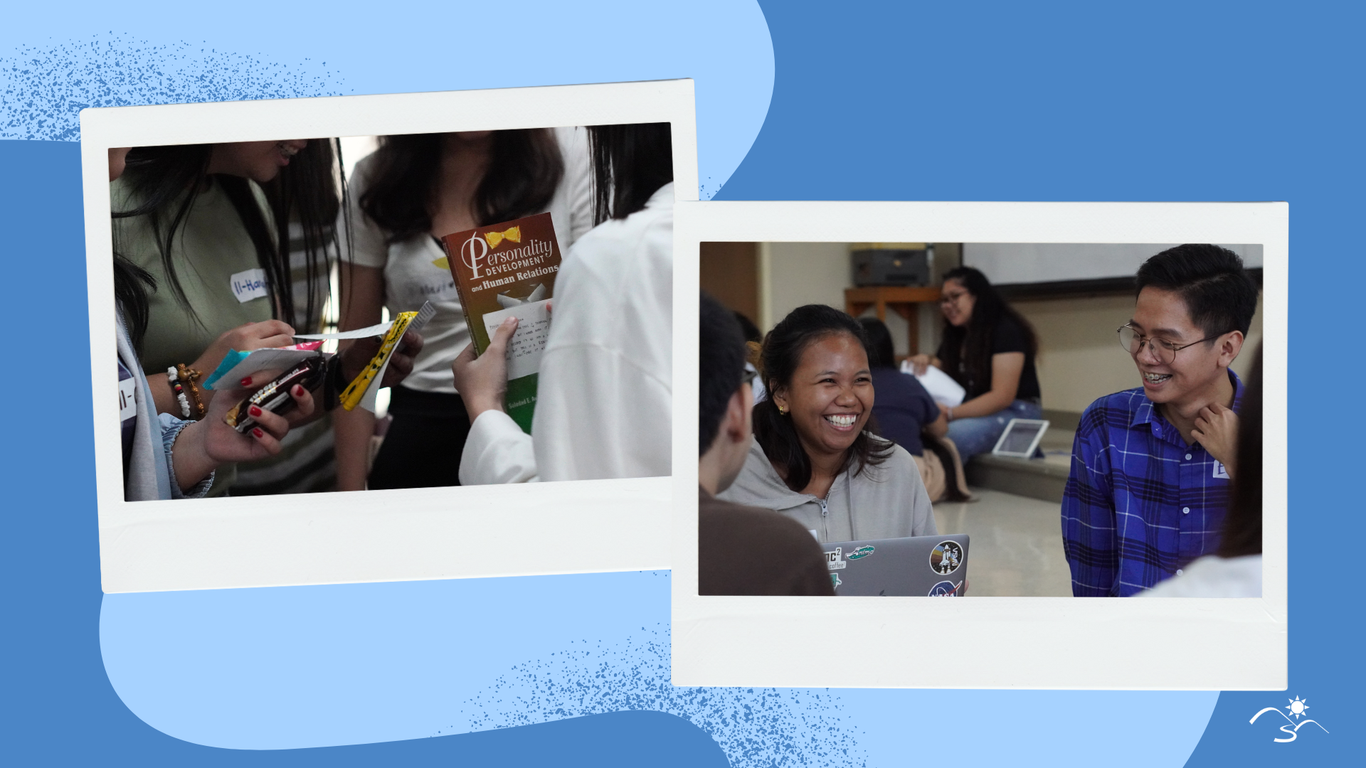 A photo collage against a blue background. On the left is a picture of students receiving gifts like a book about Personality Development. On the right is a photo of the breakout group facilitators.