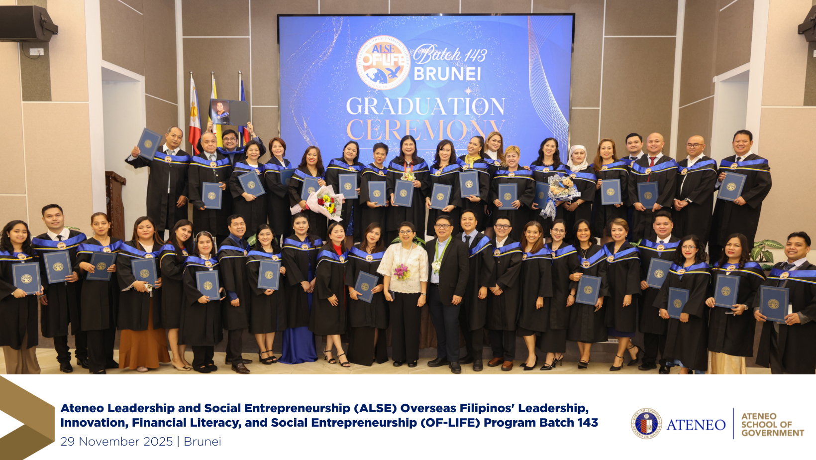 Supported by the Ateneo School of Government (ASoG), 102 Overseas Filipino Workers (OFWs) completed in November the Ateneo Leadership and Social Entrepreneurship (ALSE) Overseas Filipinos' Leadership, Innovation, Financial Literacy, and Social Entrepreneurship (OF-LIFE) program, where they deepened their skills in business development, financial literacy, leadership, and social entrepreneurship.