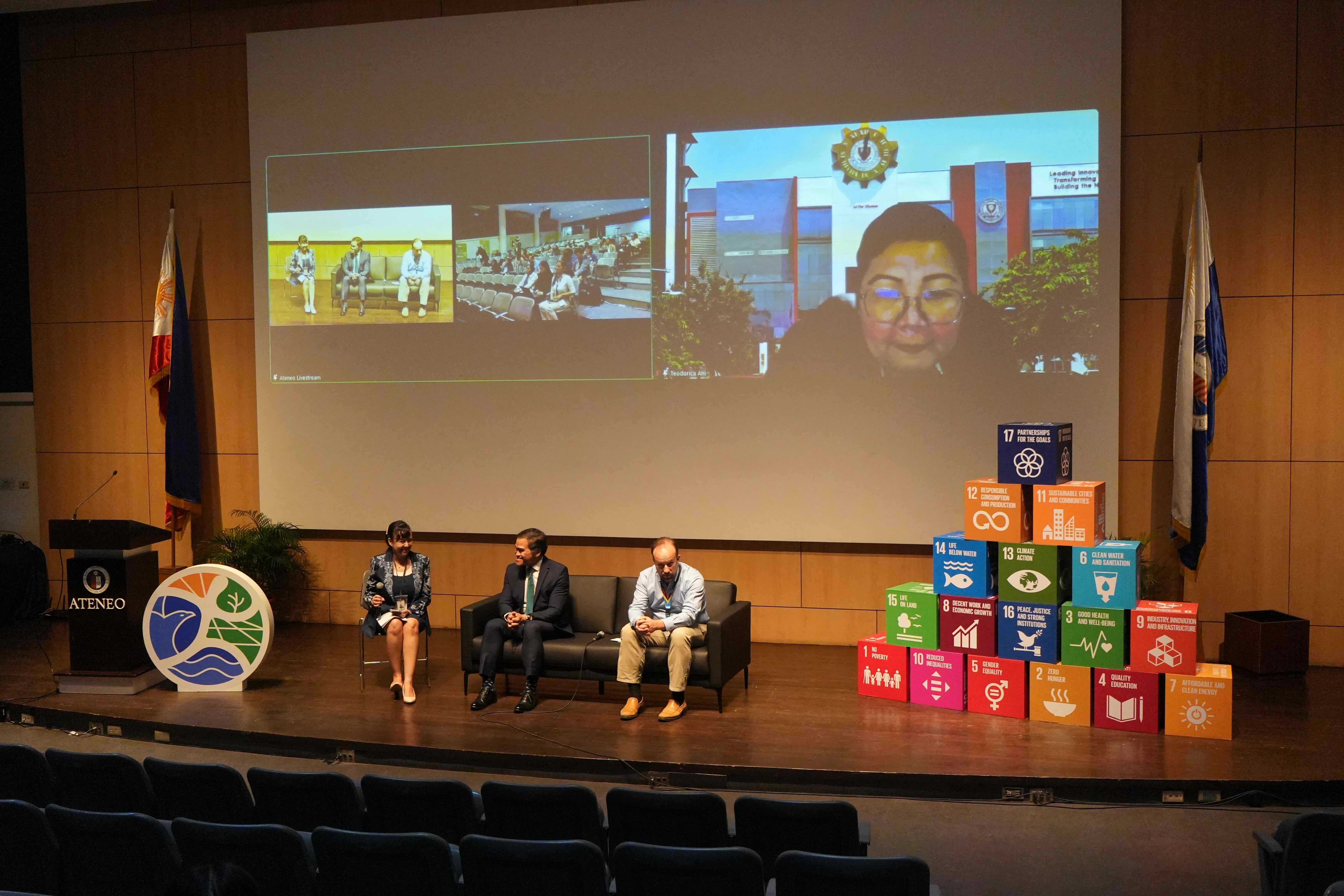 Panelists Atty. Roel Refran, Dr. Steven Lade, and Dr. Teodorica Ani share their insights on the tools and frameworks used for assessing an institution’s sustainability performance&nbsp;