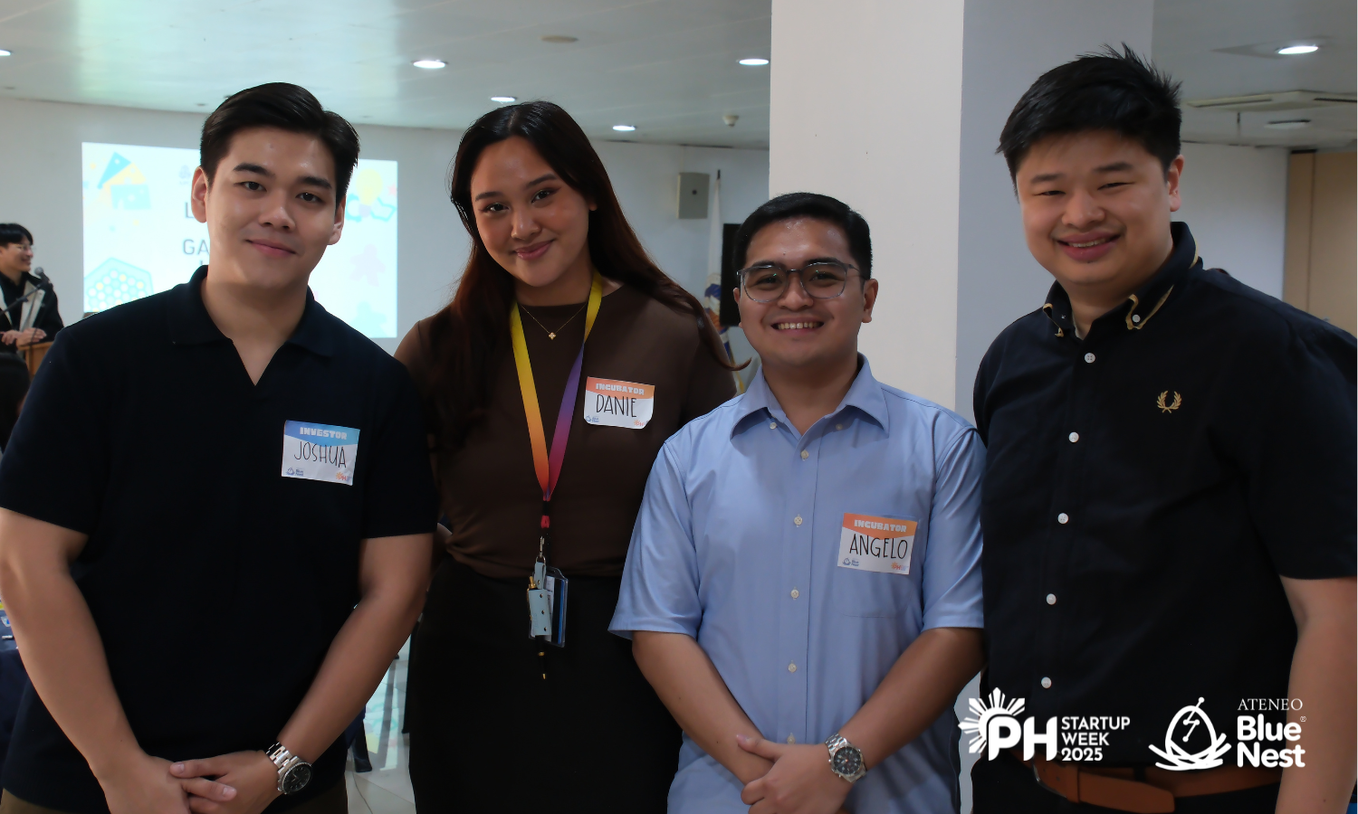 Group photo (left to right) with Joshua from AHG Lab, Daniella Guerrero from AIPO, Angelo from TechShake, and Hans Fernandez from Gaming Library