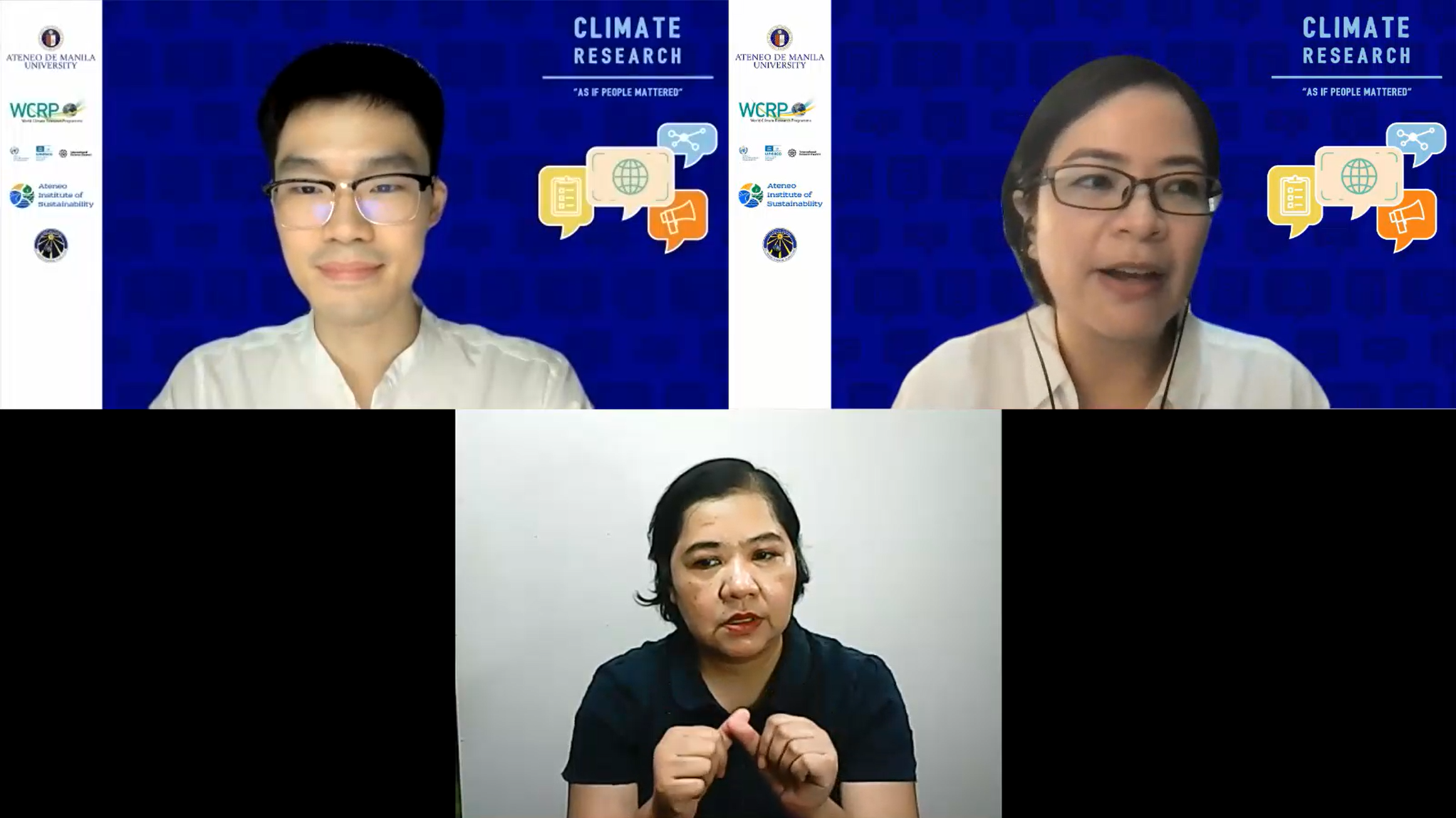 The screenshot shows Dr Cruz, Mr Ratilla, and a Filipino Sign Language interpreter.
