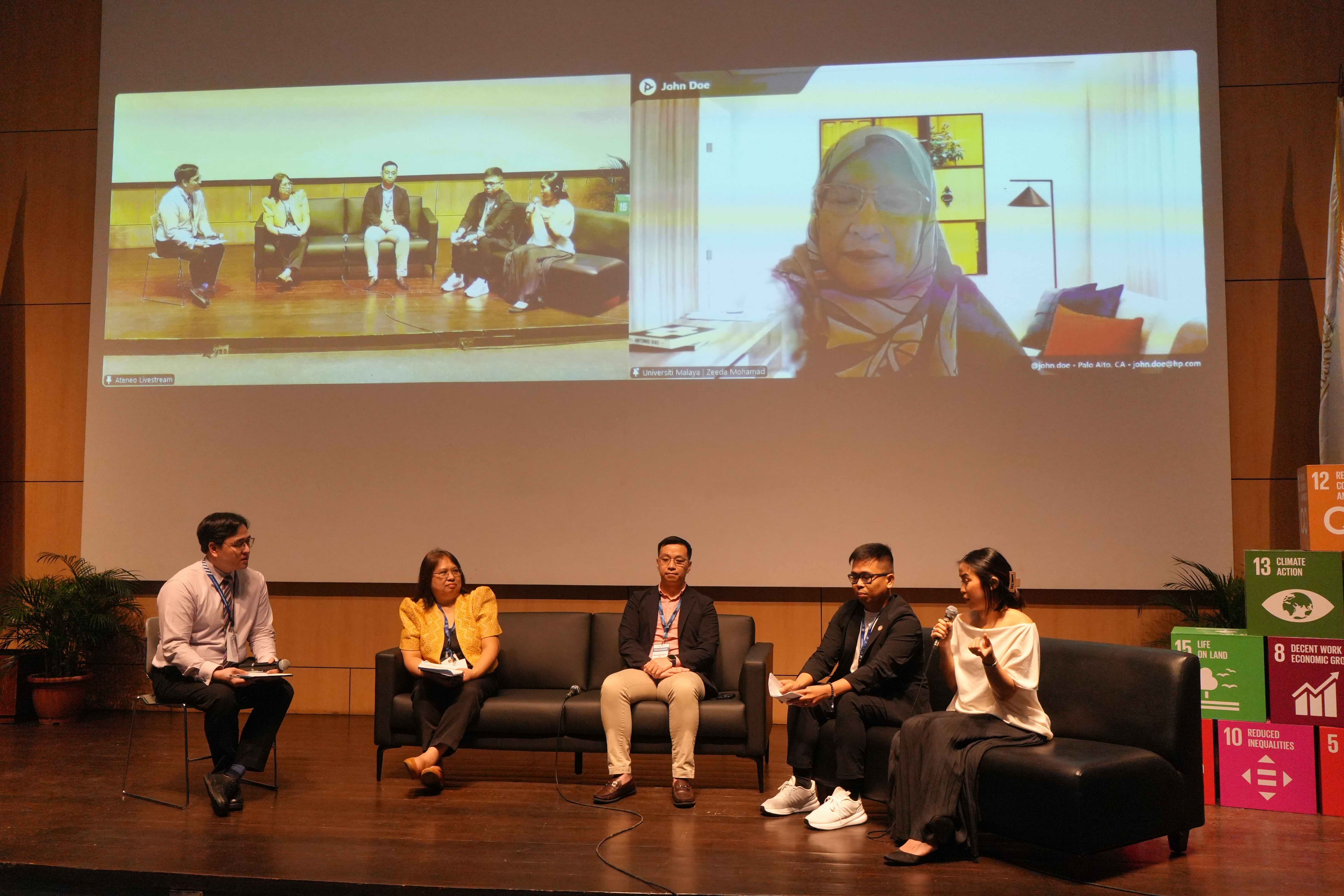 In the 2nd panel, composed of Ms. Judith Gondra, Mr. Elvin Ivan Uy, Mr. Bry Damasco, Ms. Nikki Lizares, and Dr. Zeeda Mohamad, representatives from each pillar of the pentahelix model discuss their sector’s roles in supporting practices and collaborations towards doing business within boundaries.