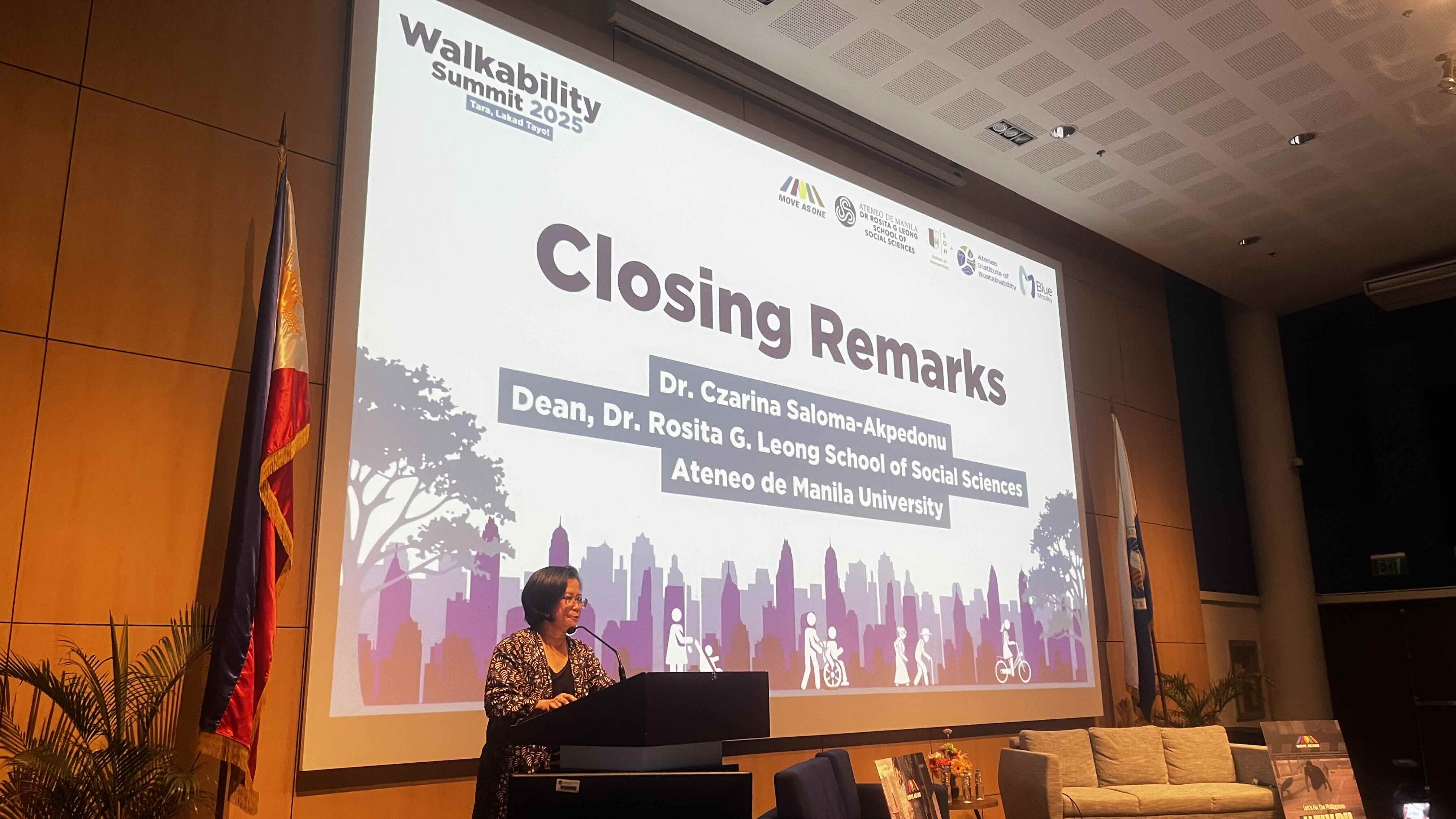 Dr. Czarina Saloma-Akpedonu, Dean of the Dr. Rosita G. Leong School of Social Sciences, delivers the closing remarks for the Walkability Summit 2025. (Photo credit: Theo Cacayan)