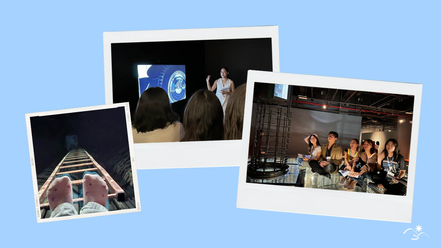 Left to right: Students join a guided tour organized by the AAG, Batch 20 poses with the exhibits, and students engage with the installations