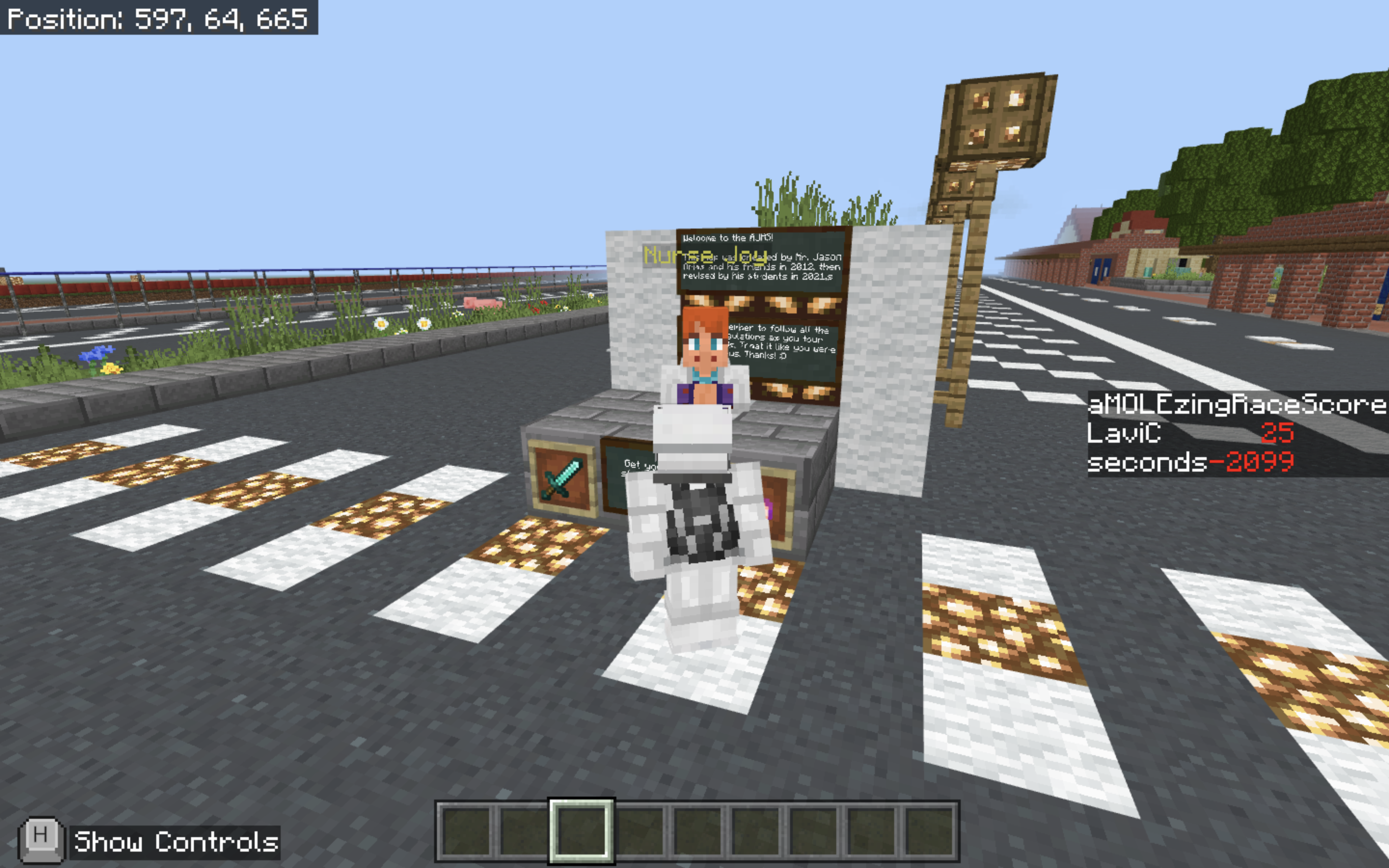 Screenshot of a frame from Mr. Subang’s “A-Mole-Zing Race,” which was set in the AJHS Minecraft world made by fellow AJHS Science teacher/Minecraft Global Mentor Jason Arias 