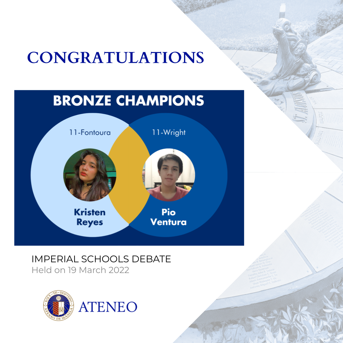 Kristen Reyes & Pio Ventura are bronze champs of the Imperial Schools debate. 