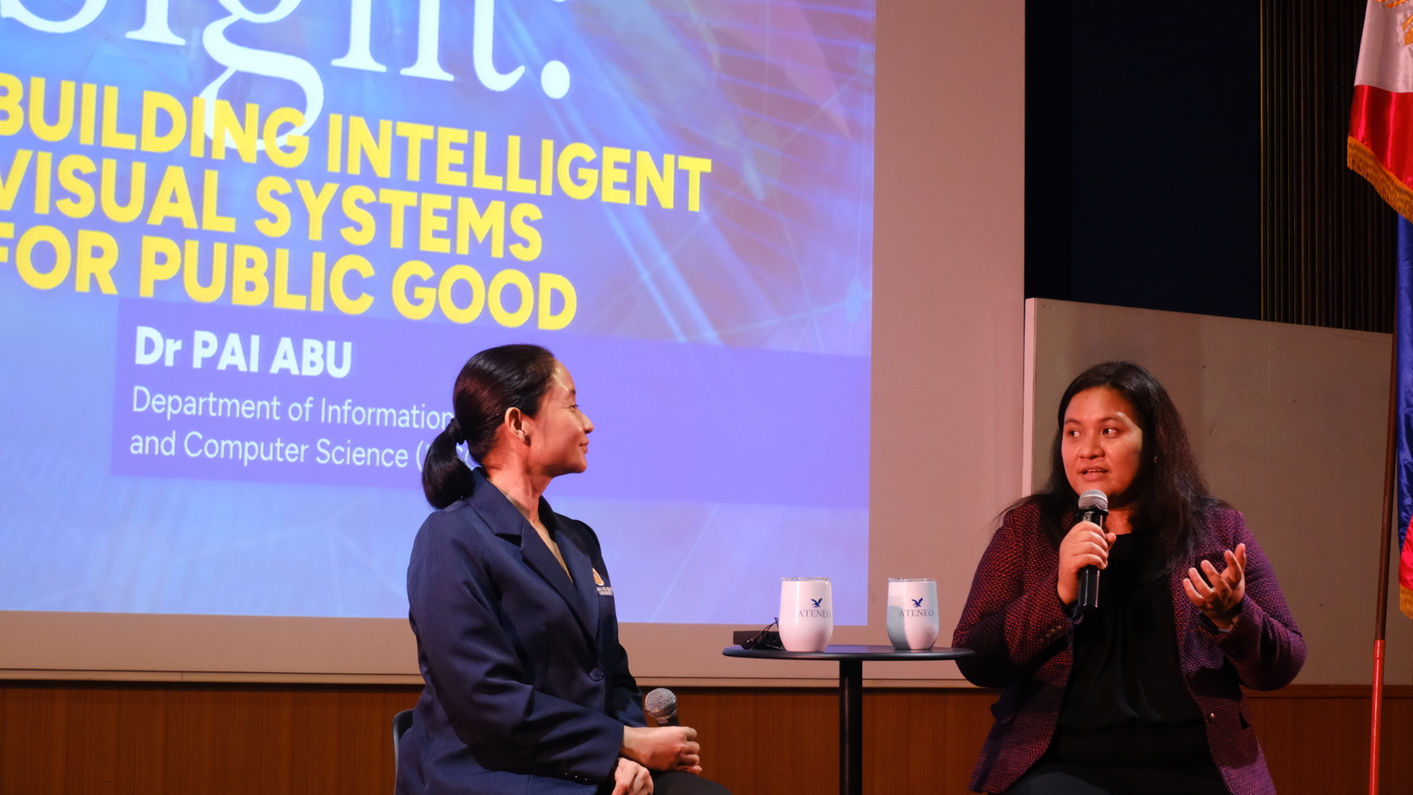 At the Second Ateneo Breakthroughs lecture held on 26 February 2026 at Escaler Hall, Ateneo de Manila University, Dr Pai Abu (R) tells host Dr Inez Ponce De Leon how the ALIVE laboratory is looking to partner with topic experts from various fields to develop practical applications for their machine learning systems. SOURCE: OAVP-RCWI, 2026.