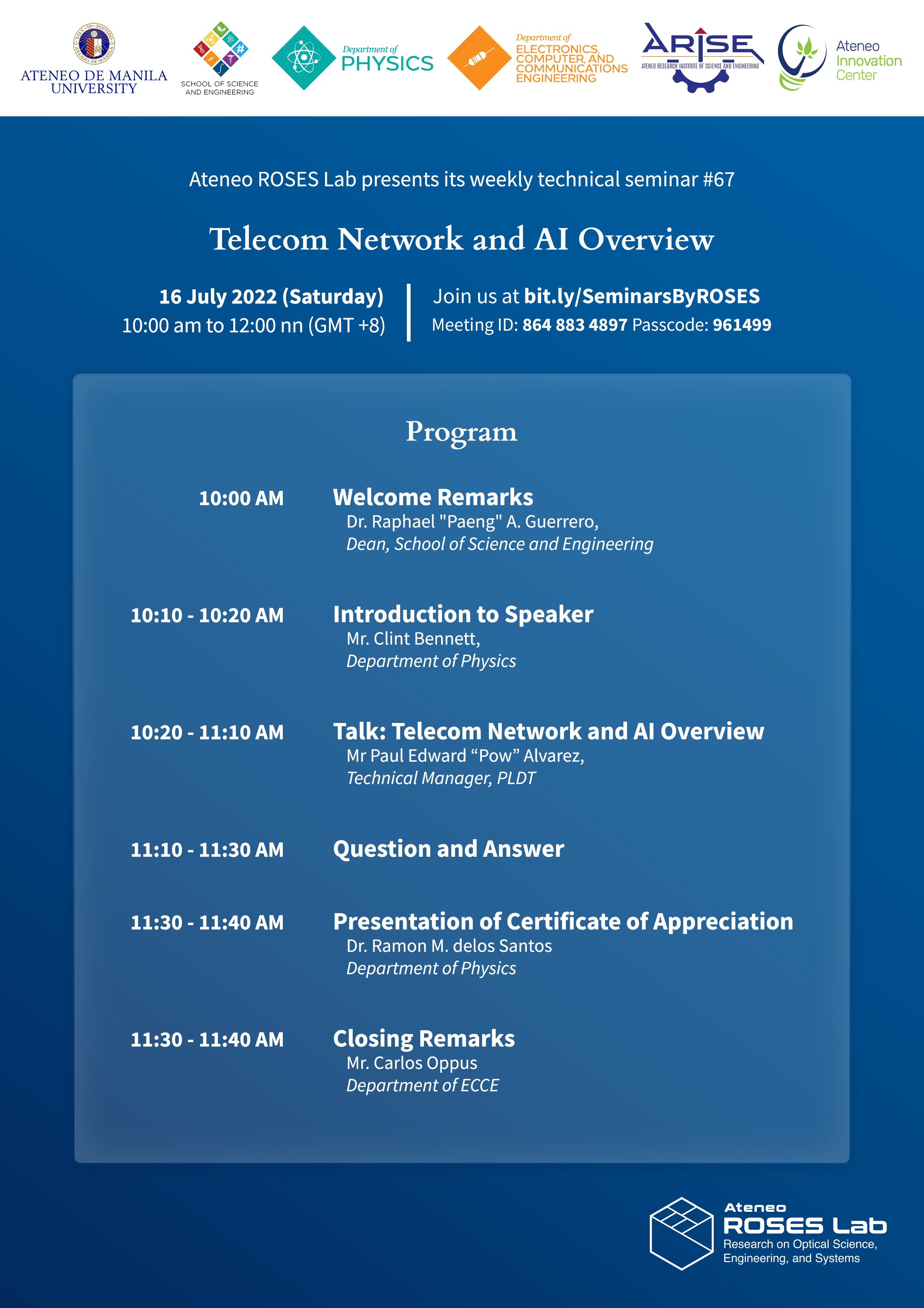 Ateneo ROSES Lab Online Seminar 67 Schedule