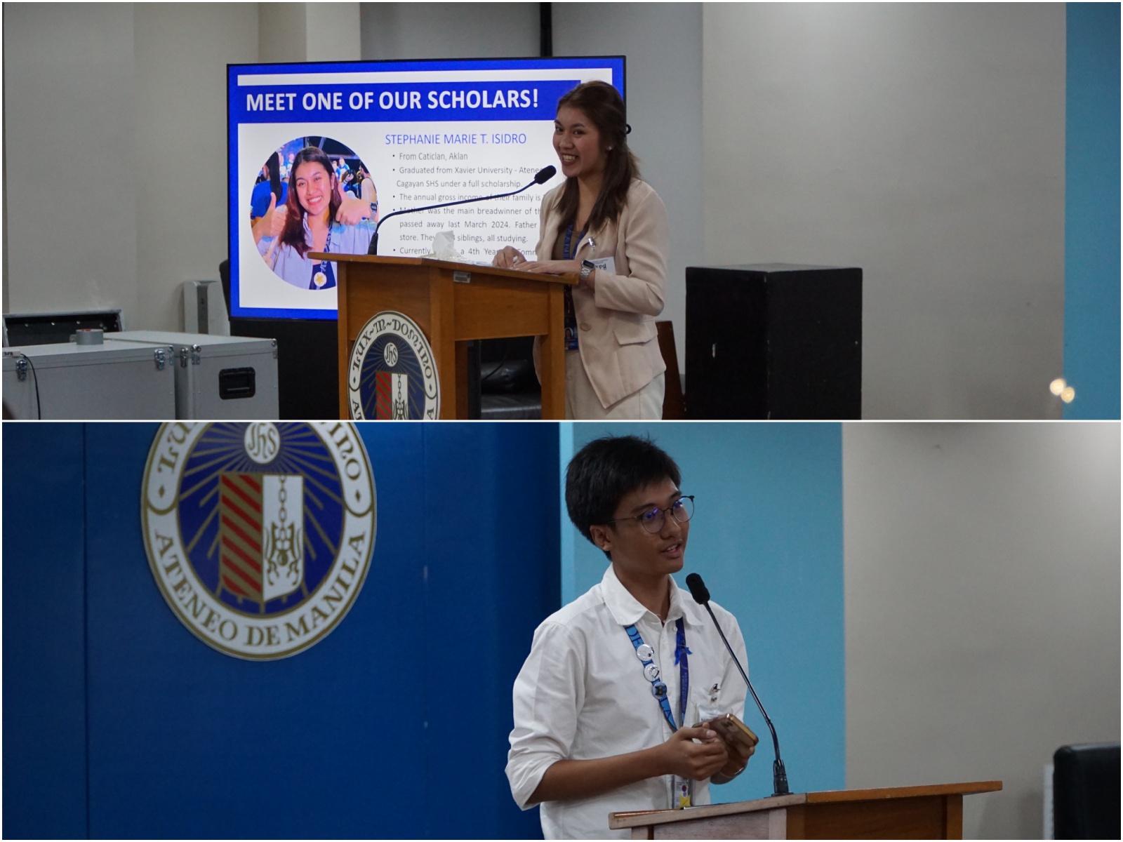 Stephanie Isidro (top), a 4th Year AB Communication student, and Nathan James Ballatan (bottom), an AJHS Grade 10 student, both expressed gratitude for their Ateneo scholarships in their respective speeches. 
