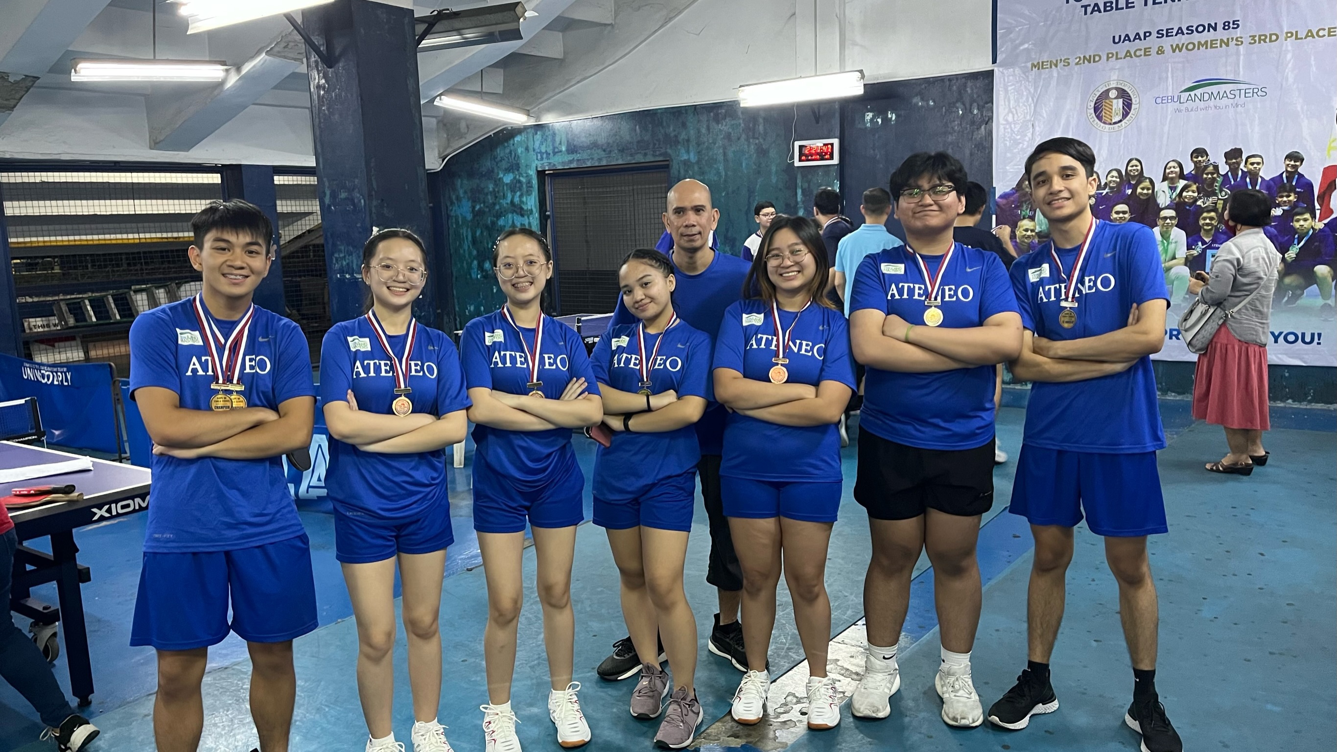 From left: Chili Fernando, Frances Claire Lo, Maxine Clarice Lo, Princess Natalie Jaramilla, Coach Leo Raymundo, Aoi Reyes, Dwayne Satur, and Ethan Peña Reyes 