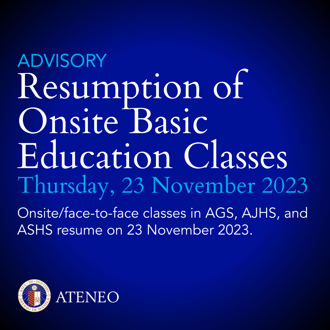 Onsite classes for AGS, AJHS, and ASHS resume on 23 November 2023 GSa