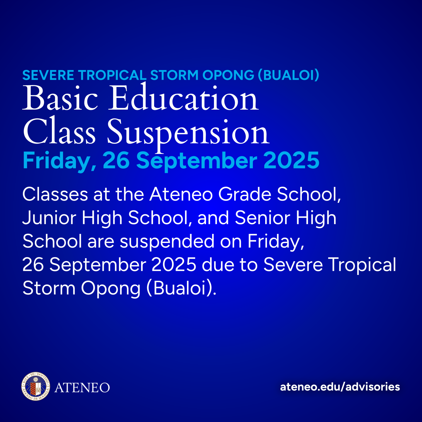 Basic Education AGS AJHS ASHS suspension of classes 26 September 2025 Friday