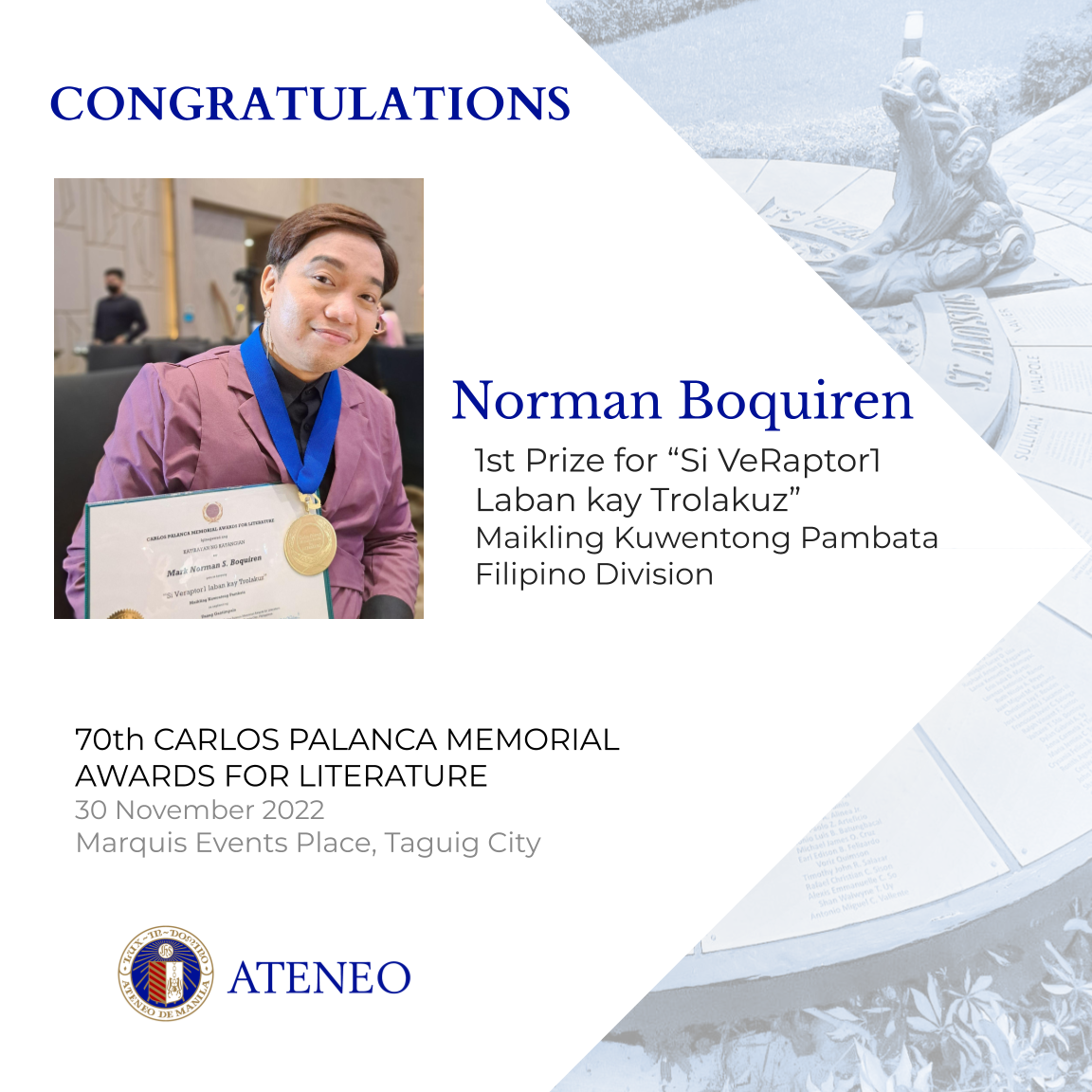 Norman Boquiren at the Carlos Palanca awards ceremony