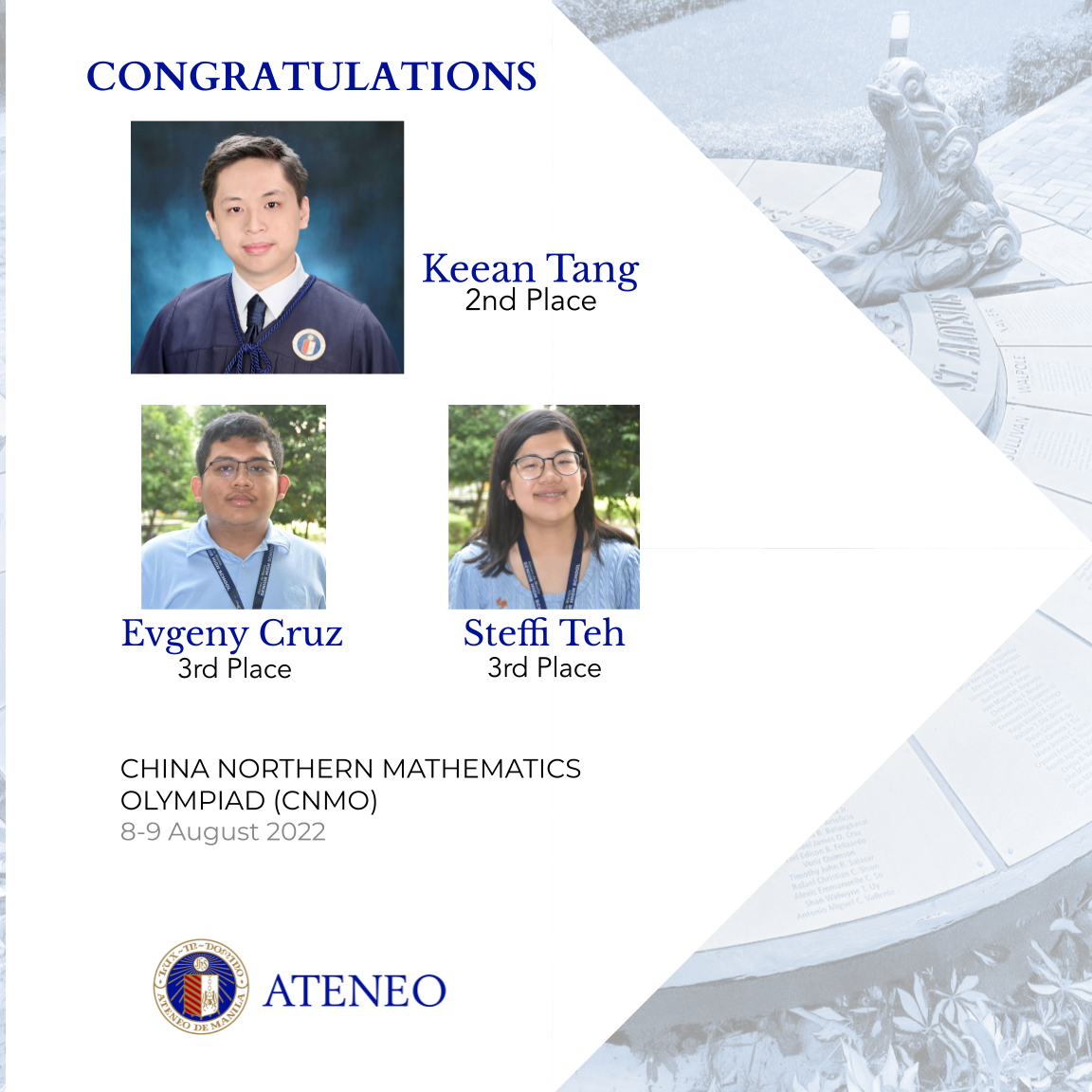 Keean Tang, Evgeny Cruz and Steffi Teh are CNMO 2022 Top Three finishers