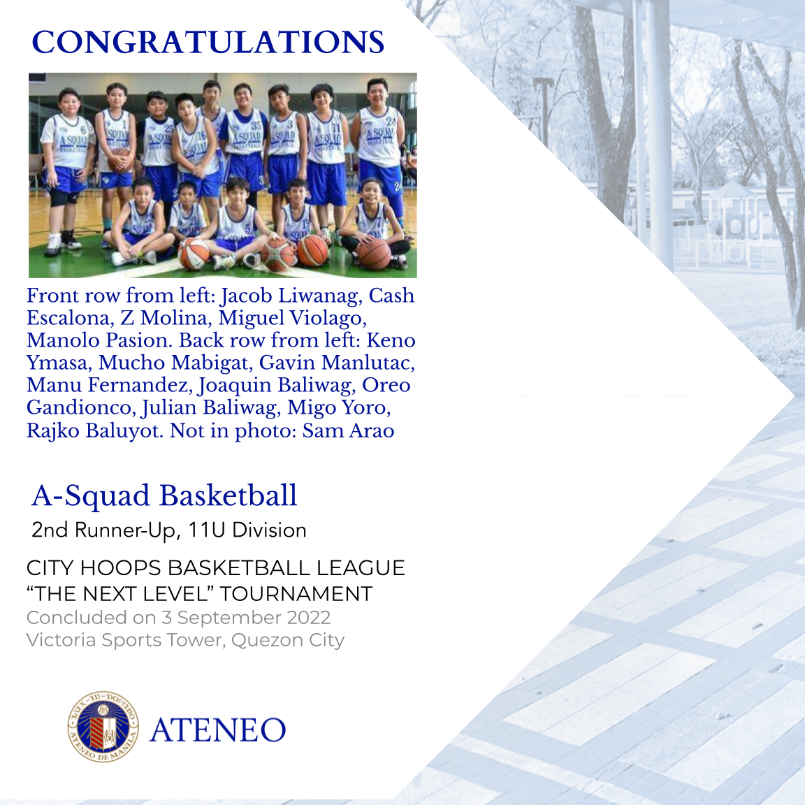 Front row sitting from left: Jacob Liwanag, Cash Escalona, Z Molina, Miguel Violago, Manolo Pasion. Back row standing from left: Keno Ymasa, Mucho Mabigat, Gavin Manlutac, Manu Fernandez, Joaquin Baliwag, Oreo Gandionco, Julian Baliwag, Migo Yoro, Rajko Baluyot. Not in photo: Sam Arao 
