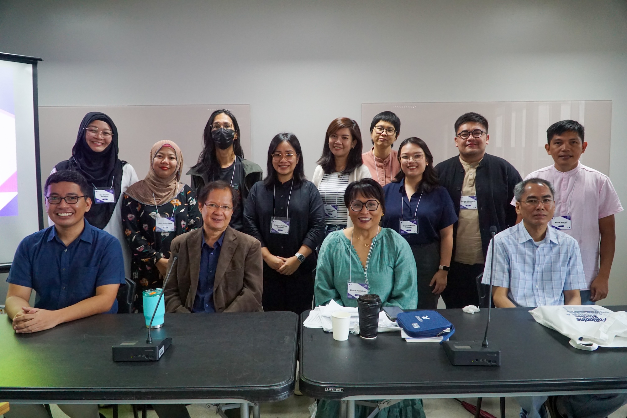 Fellows with Dr Filomeno V Aguilar Jr, AVP for Research, Creative Work and Innovation; panelist Dr Rhacel Parreñas; Dr Michael D Pante, Chief Editor of PSHEV; and Dr Mark Dizon, Associate Editor of PSHEV