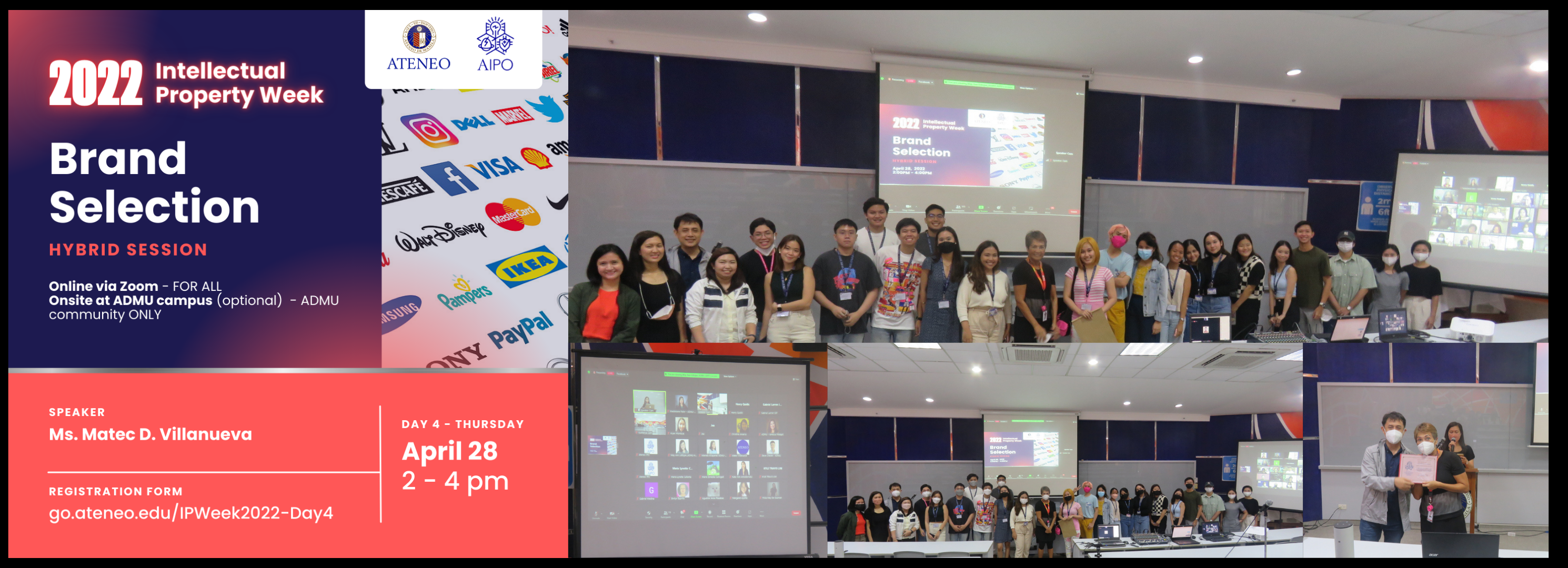 Image: IP Week Day 4 Poster, and Group picture with Ms. Matec, the AIPO Team & onsite participants