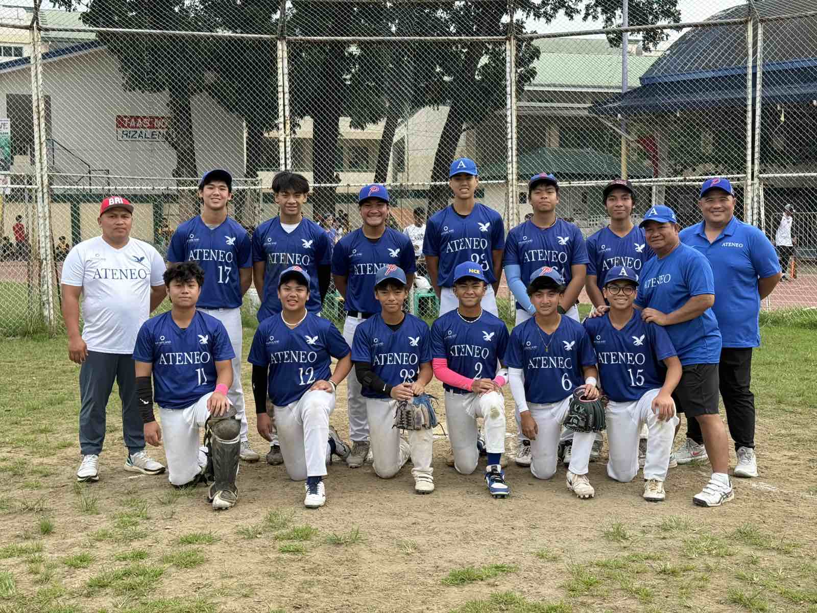 Front row kneeling from left: Janko Sevilla, Migs Cruzat, Ponce Ignacio, Sancho Afuang, Enzo De Guzman, and Qio Sevilla; standing from left: Head Coach Pepe Jose, Mio Silva, Tommy Oblea, Raffy Blaza, Mio Ilagan, Ethan Galvez, Tres Saguisag, Asst. Coach Emer Barandoc, and Asst. Coach Junjun Bonifacio