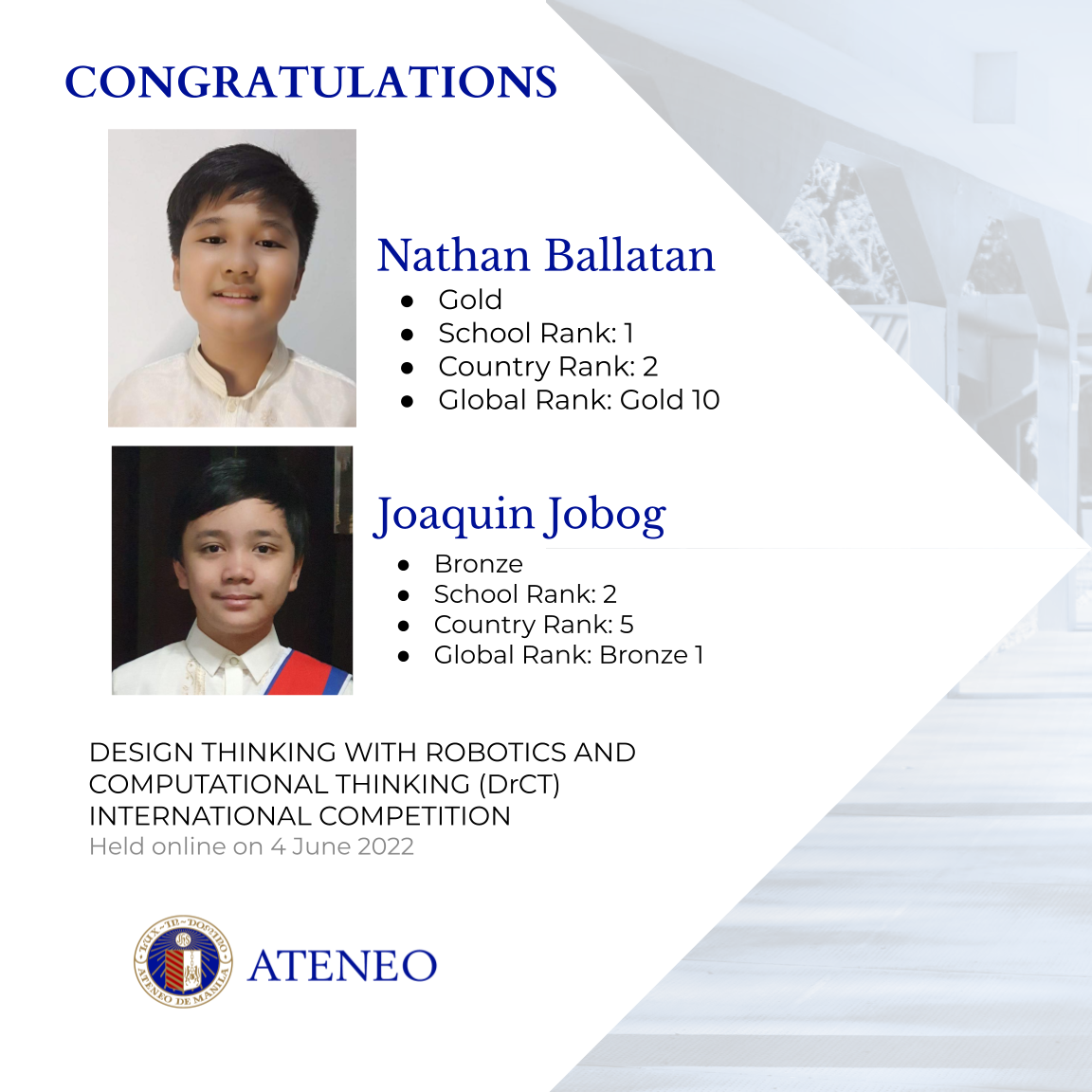 DrCT awardees Nathan Ballatan (gold) and Joaquin Jobog (bronze)