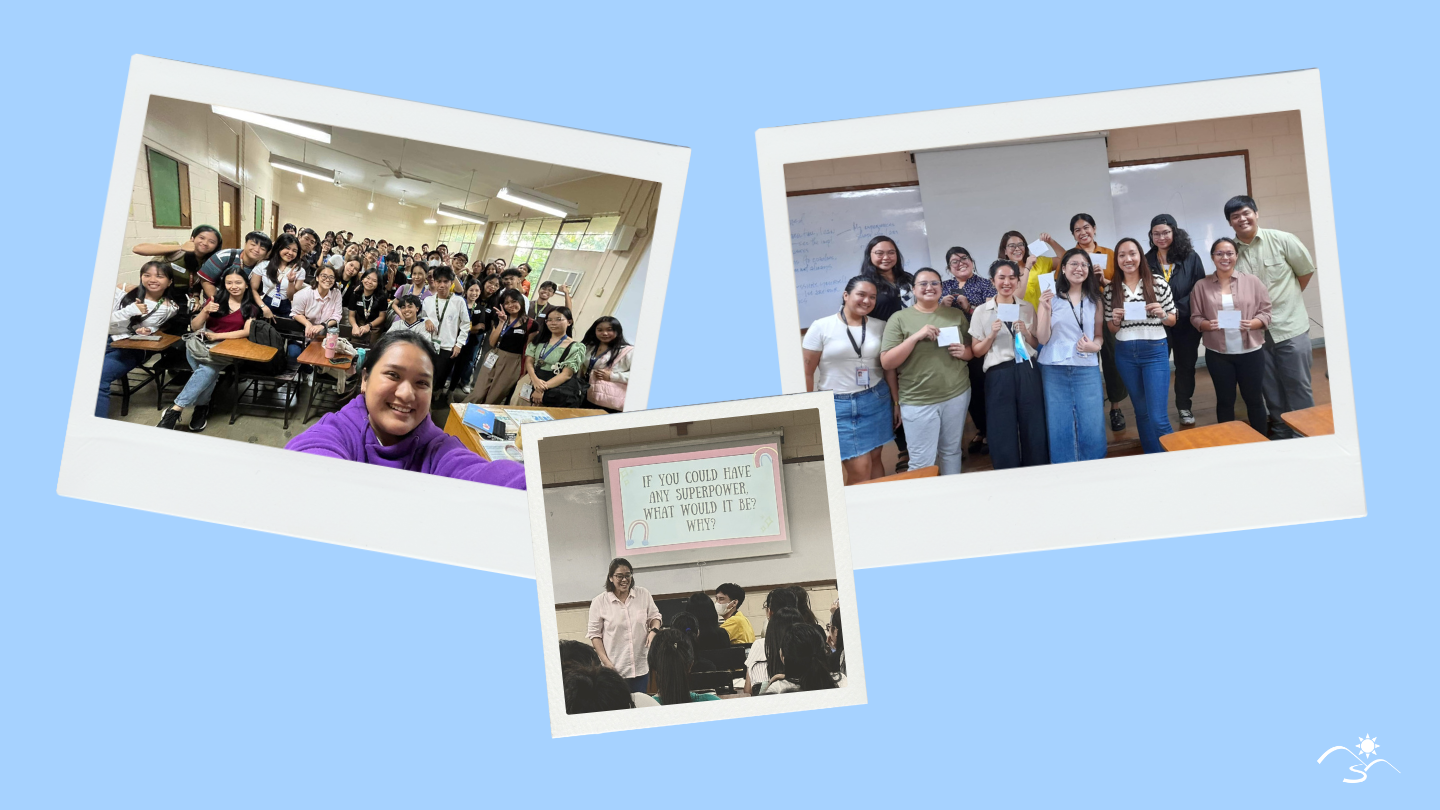 Left to right: Students join their Writing Coaches for a picture, Chris Lacdao heads the workshop, and Writing Coaches pose for a group photo