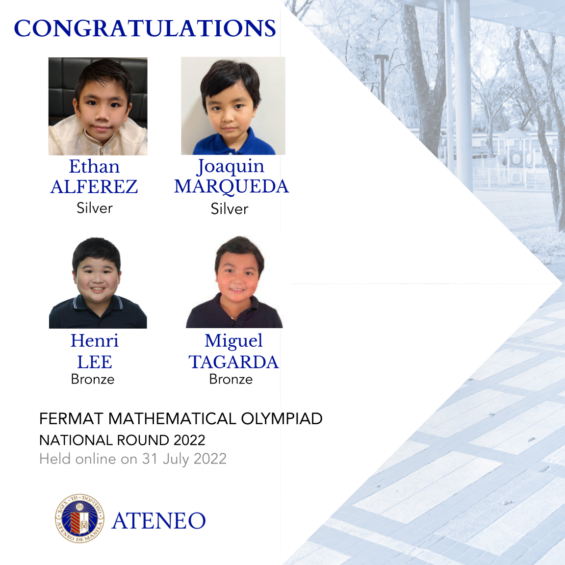2022 Fermat Mathematical Olympiad national round awardees Ethan Alferez, Joaquin Marqueda, Henri Lee, and Miguel Tagarda