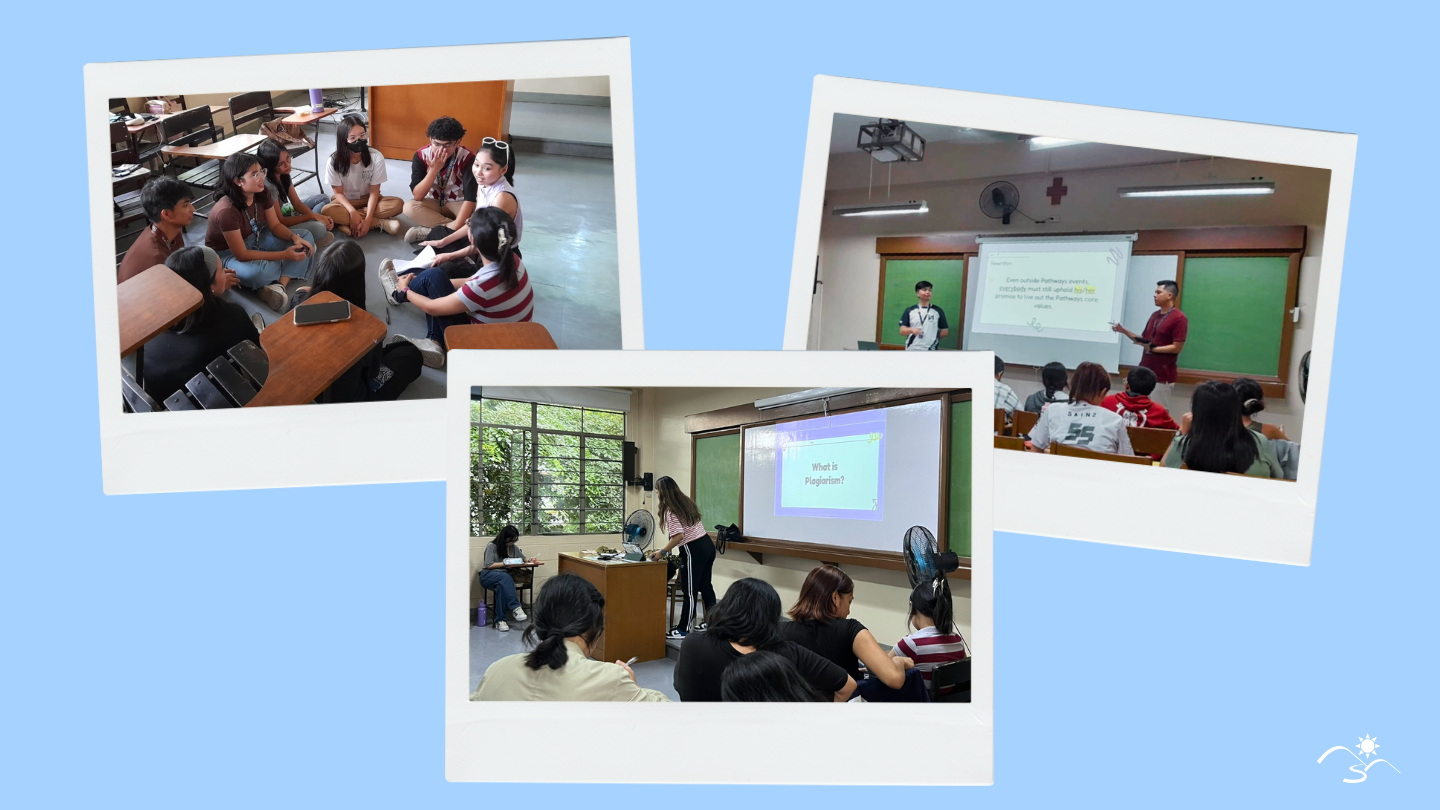 Left to right: students huddle for their Homeroom Session, volunteer tutors present slides on plagiarism for English Grammar classes, and tutors ask students questions grammar questions