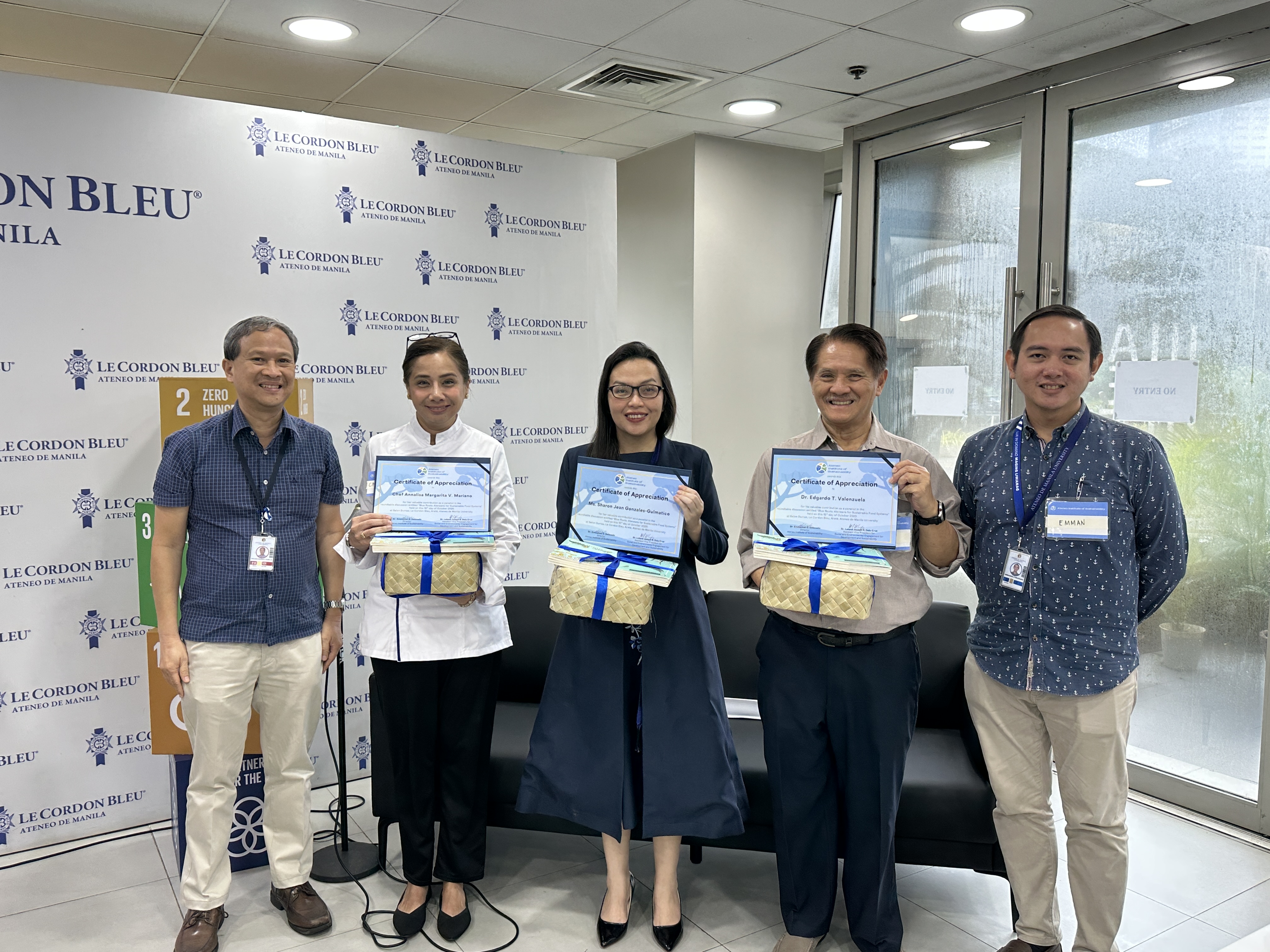 (L-R) Benjamin T Tolosa, PhD (VP for Mission Integration), Chef Annalisa Margarita V Mariano (Program Director, BS Restaurant Entrepreneurship), Sharon Jean Gonzales-Gulmatico (CEO of Morination Agricultural Products, Inc), Edgardo T Valenzuela, PhD (Adjunct Professor, Ateneo School of Government), Emmanuel D Delocado, PhD (Director, AIS)