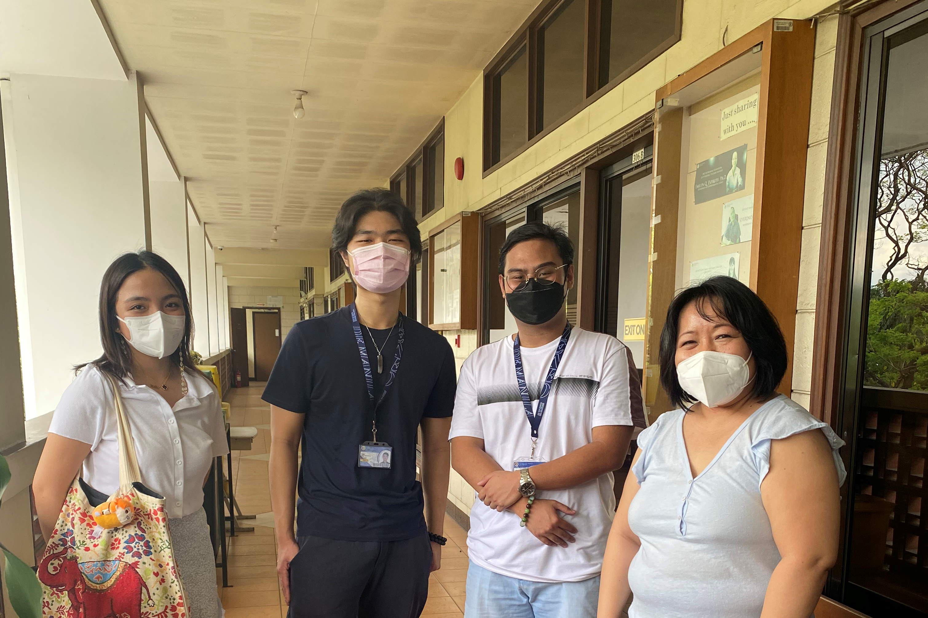 Students welcomed by Dr. Guzman and Ms. Argones. From left to right: Anika Therese Nicanor (2 BS Biology), Nigel Anthony Tan, Karl Cedric Opeña (2 BS Environmental Science), and Dr. Guzman.