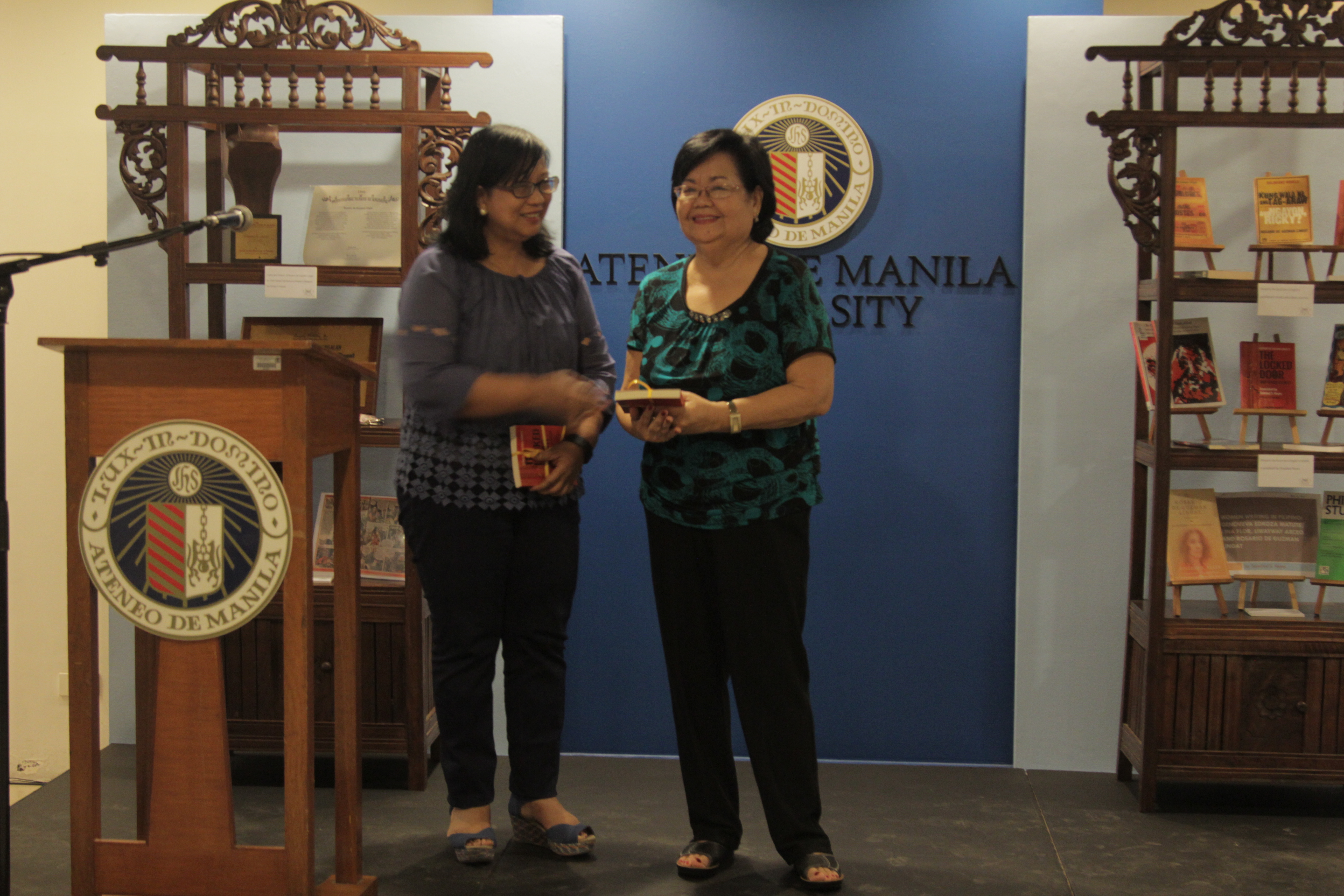 Karina Bolasco from the Ateneo Press stands beside Soledad S Reyes during the book launch of her translation of  The Locked Door & Other Stories in 2017