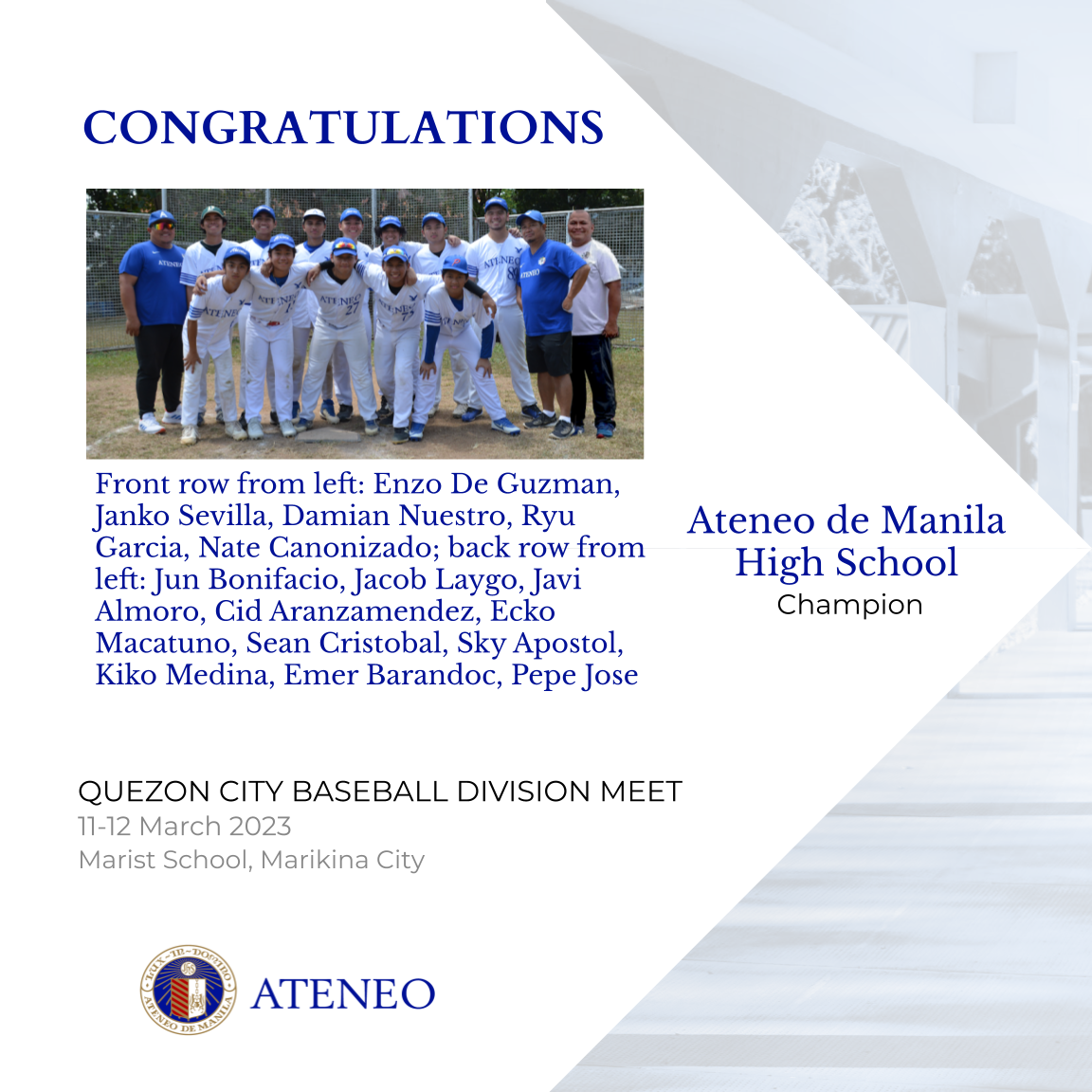 The Blue Eagles are QC champs of the baseball division meet.