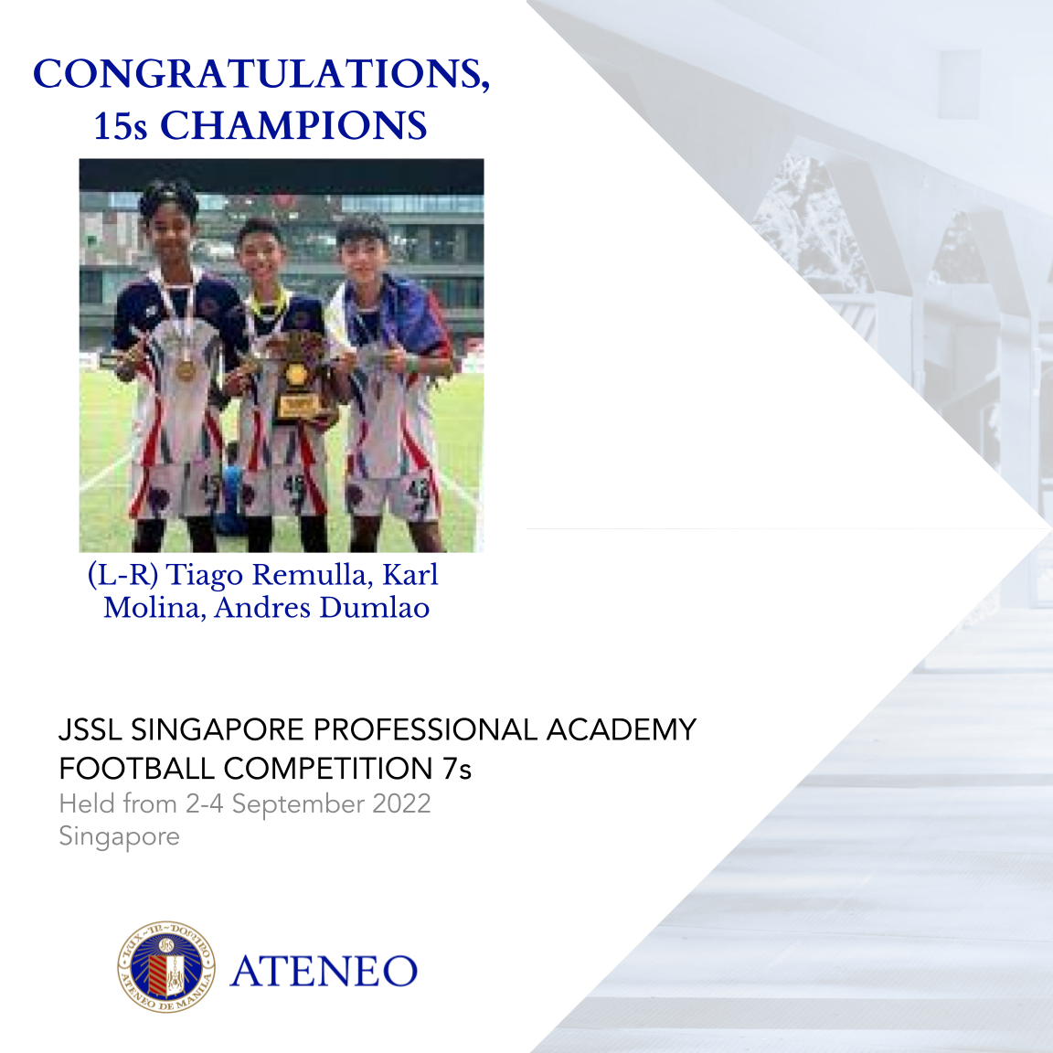 (L-R) Tiago Remulla, Karl Molina, and Andres Dumlao are members of Davao Aguilas FC. 