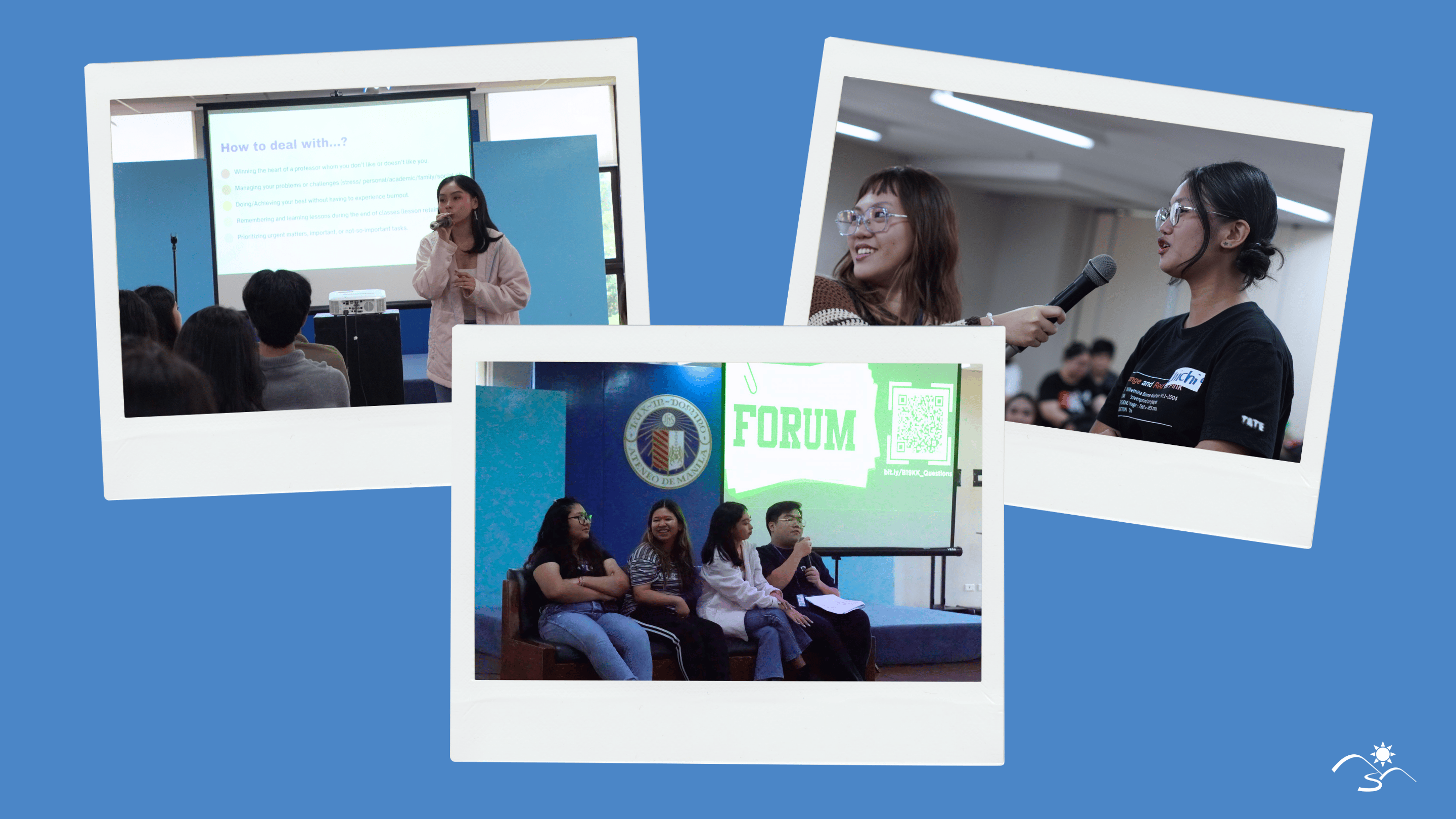 A photo collage against a blue background. On the left picture Willy Santos speaks into a microphone. On the right, Kristel, Carla, Charms, and Willy sit on the couch to answer questions.