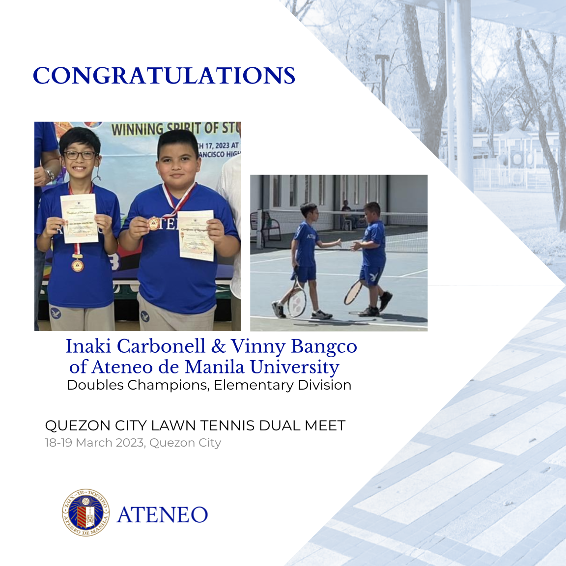 Inaki Carbonell & Vinny Bangco are lawn tennis doubles champs of the QC dual meet.