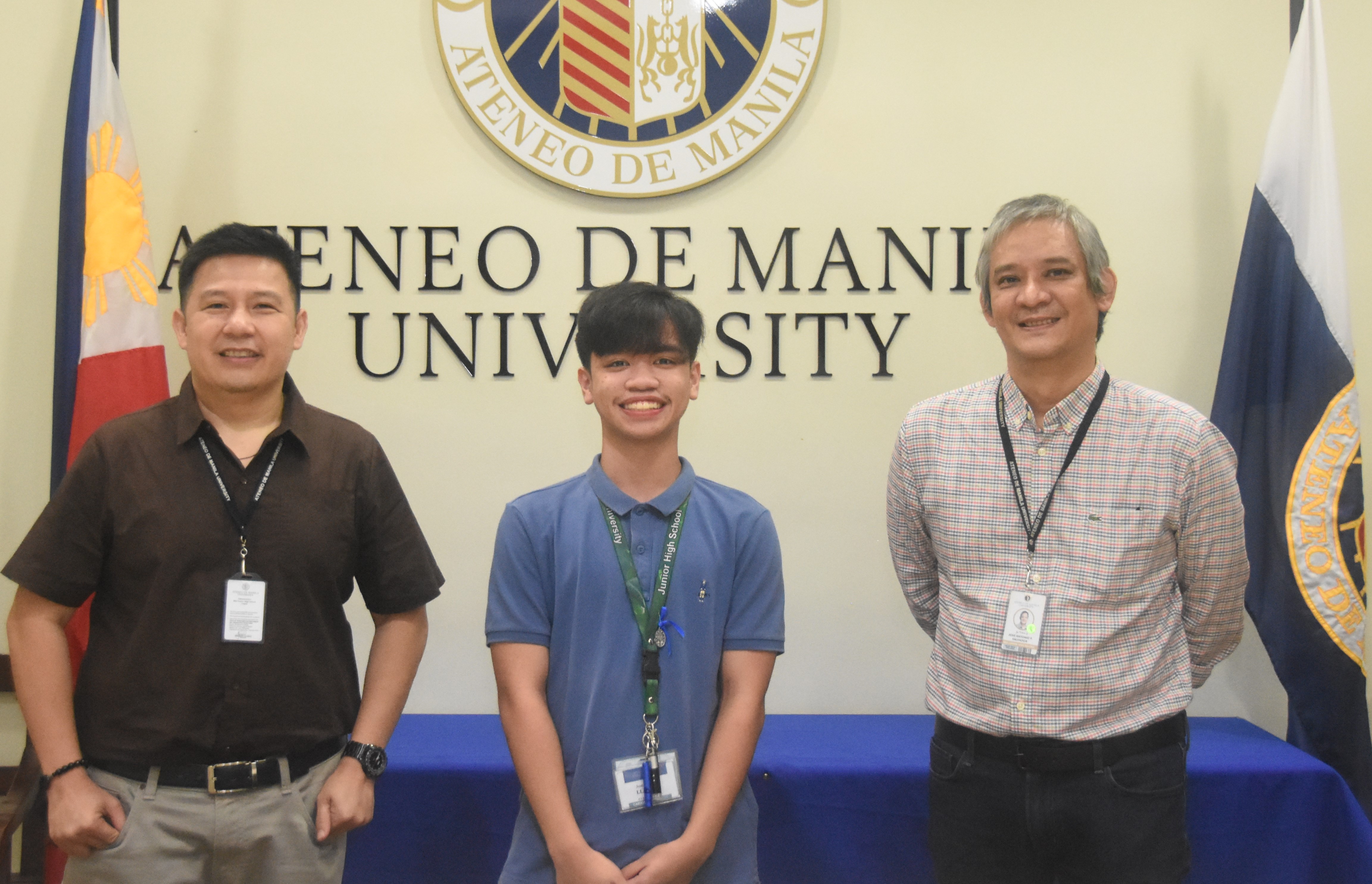 (L-R) AJHS Assistant Principal for Formation Ron Capinding, Lucas Llarena, AJHS Principal Jonny Salvador  