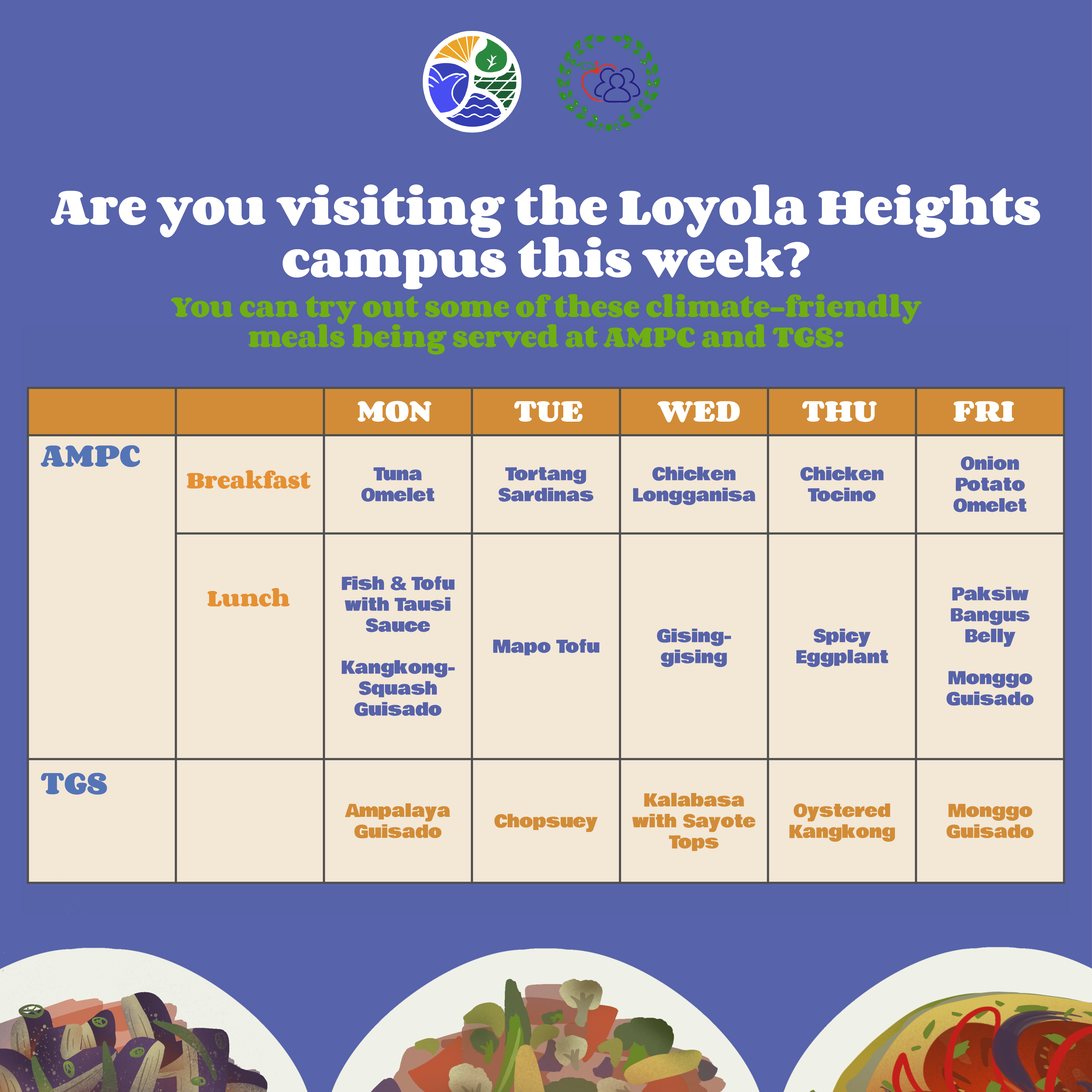 A list of climate-friendly meals found in the Ateneo Loyola Heights cafeterias