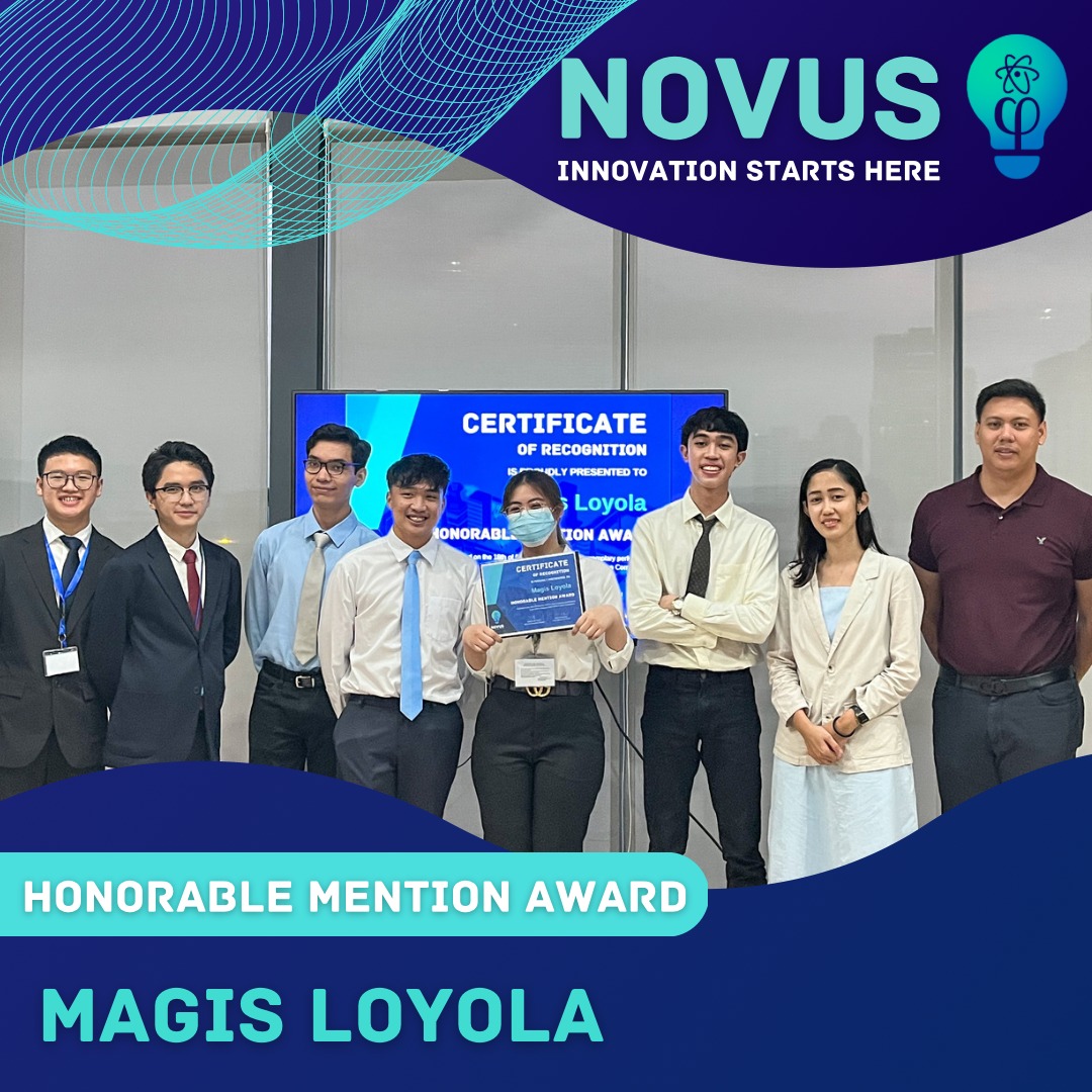 (Beginning third from left to right) Van Alcantara, Rency Tiongson, Darlene Amante, and Third Cruz receive the Honorable Mention award at the NOVUS Youth Innovation Case Competition.