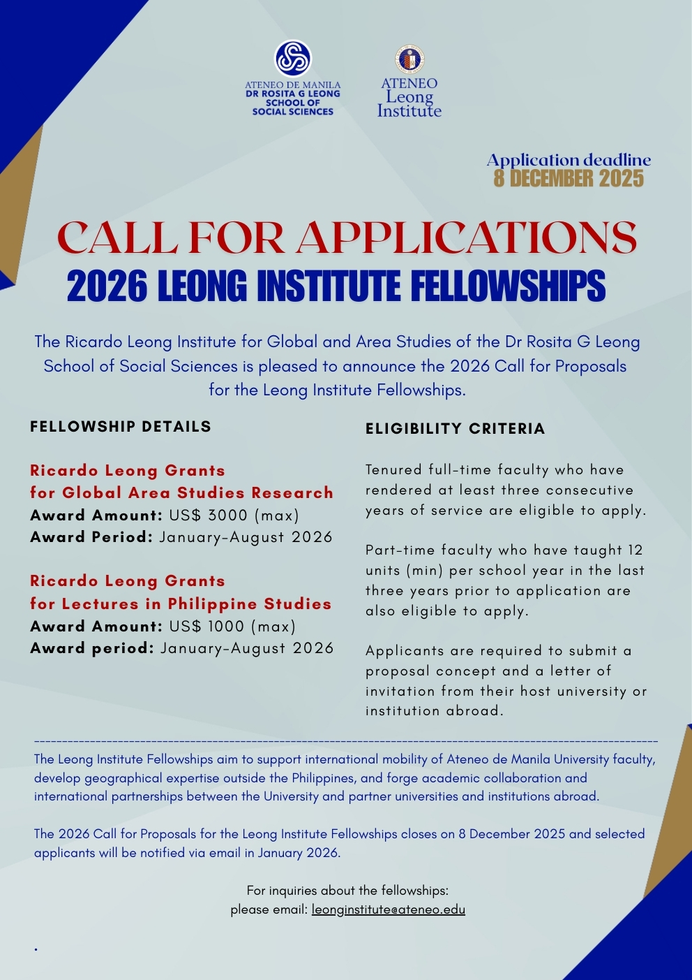 Call for Proposals for 2026 Leong Institute Fellowships