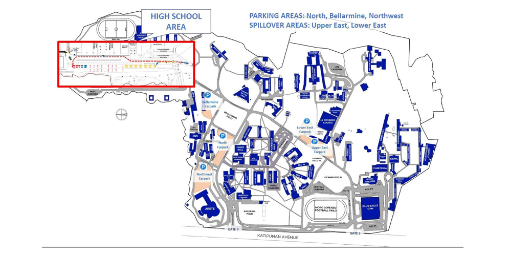 Vehicles must either exit the campus or park at the Bellarmine, North or Northwest Carparks or the Upper East and Lower East Carparks.