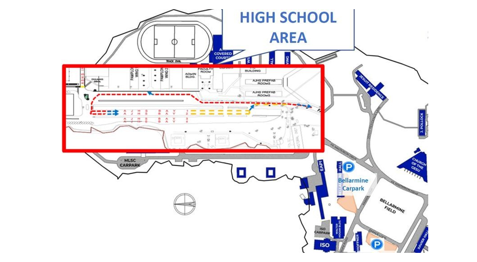 Vehicles may drop-off the examinees at the Ateneo High School inner driveway in front of the Pamplona quadrangle (near the High School Chapel).