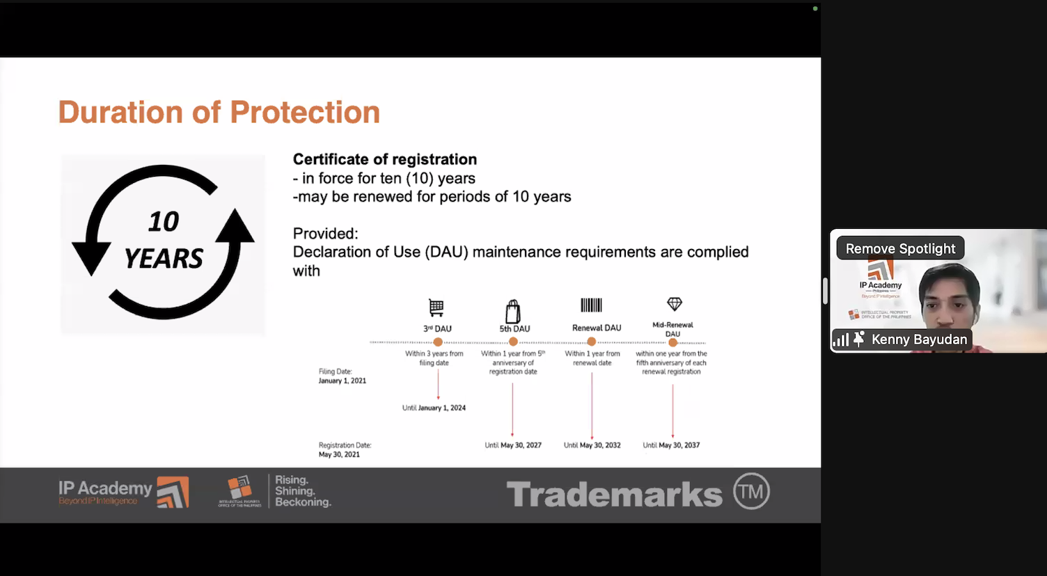 Image: Dr Bayudan discussing the duration of trademark protection, maintenance and renewal