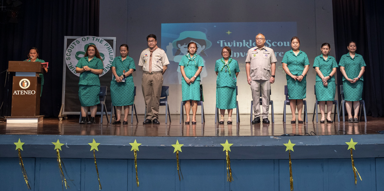 Mela Agustin, Twinkler Scout Commissioner; Virgie Esteves, Assistant Headmaster for Formation; Jervy Robles, Headmaster; Geraldine P Palaver, GSP QC Council Executive;  Fe Castor-Pangan, GSP Council Board Officer, VP for Fund Development; Fr Jonjee Sumpaico SJ, Vice President for Basic Education and Ateneo Scouting Commissioner;  Ariette Pacle, Coordinator for Student Activities; Paula Quodala, Kinder Grade Level Coordinator; and Lulu Quijano, Kinder Academic Coordinator 