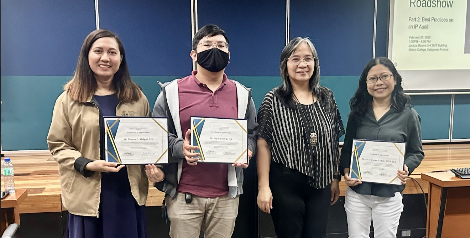 Image: Awarding of Certificate of Appreciation to the speakers; (from L-R) Ms Vanessa Malapit MSc and Mr Bryan James Erfe representing AIPO; Dr Ma Carmen Peñalosa DPA, Executive Director of CSRCIP of Miriam College; and Ms Ma Christina Mate MTM, RCh representing UP Diliman TTBDO.